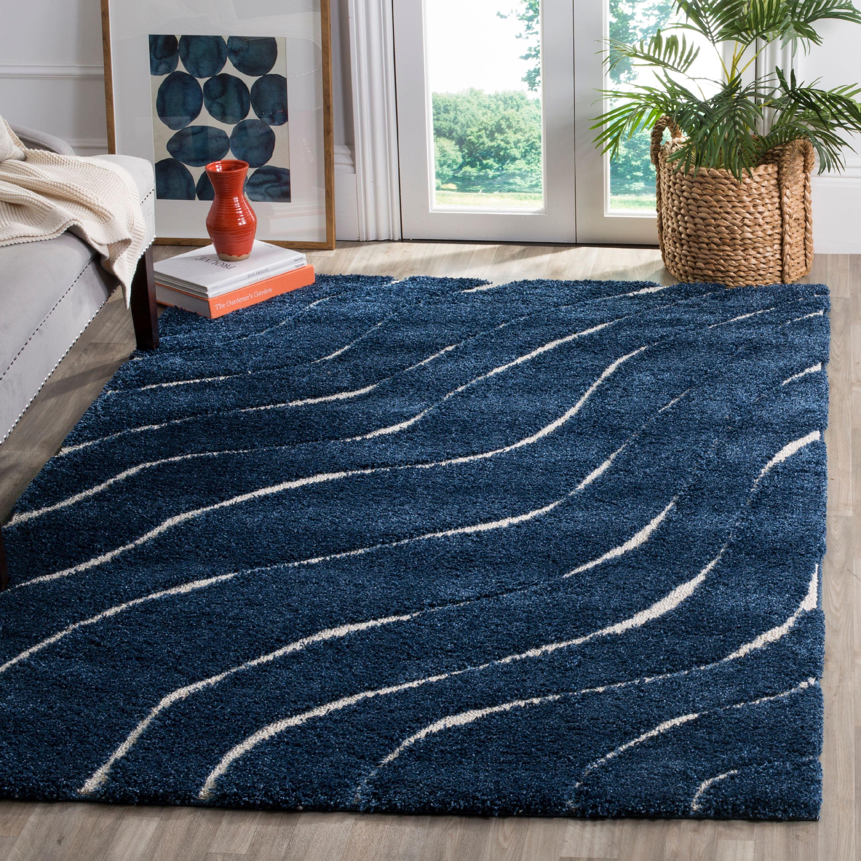 Luxe Blue Synthetic 59" Round Shag Rug with Non-Slip Feature