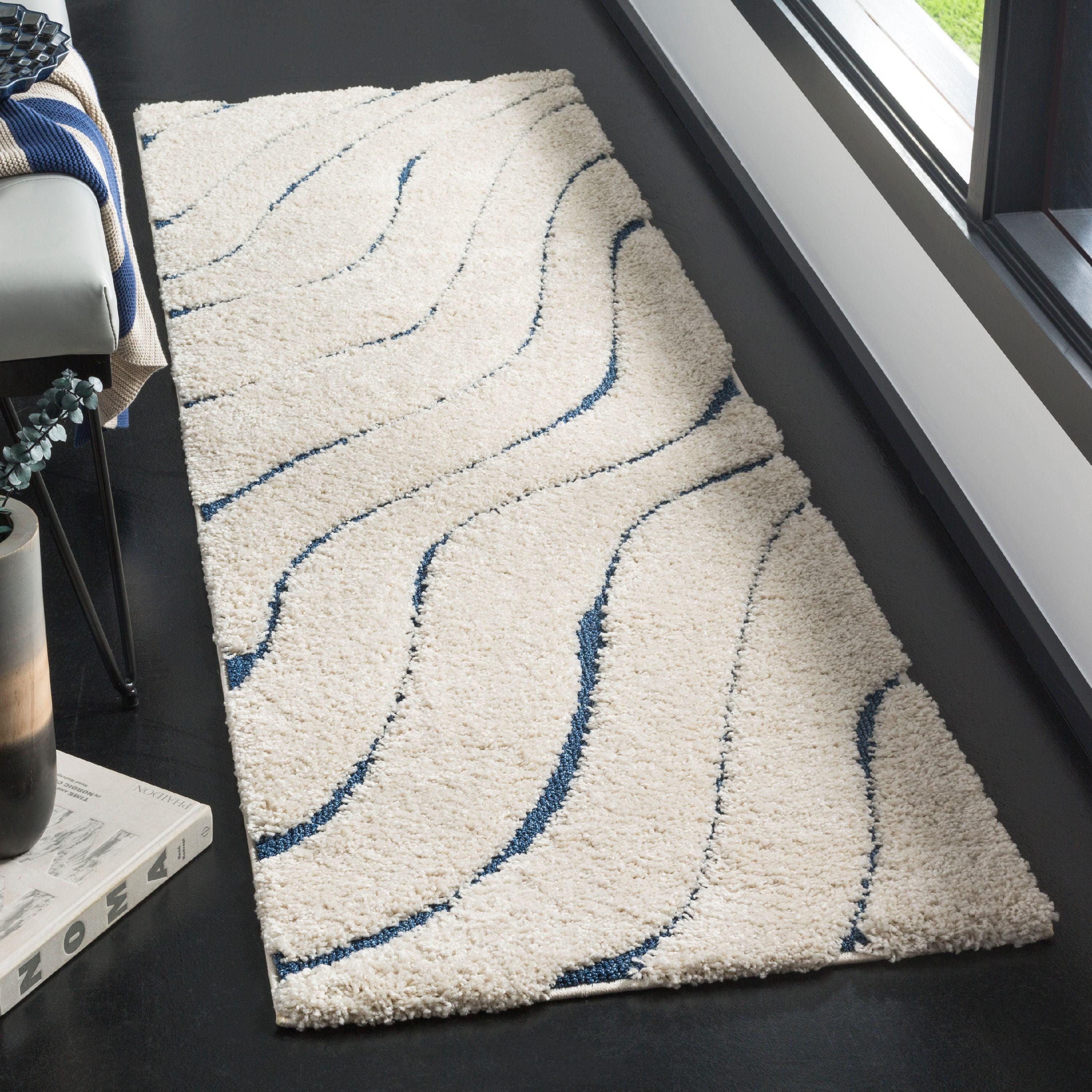 Serene Shag Cream & Blue Synthetic Runner Rug - 2'3" x 7'