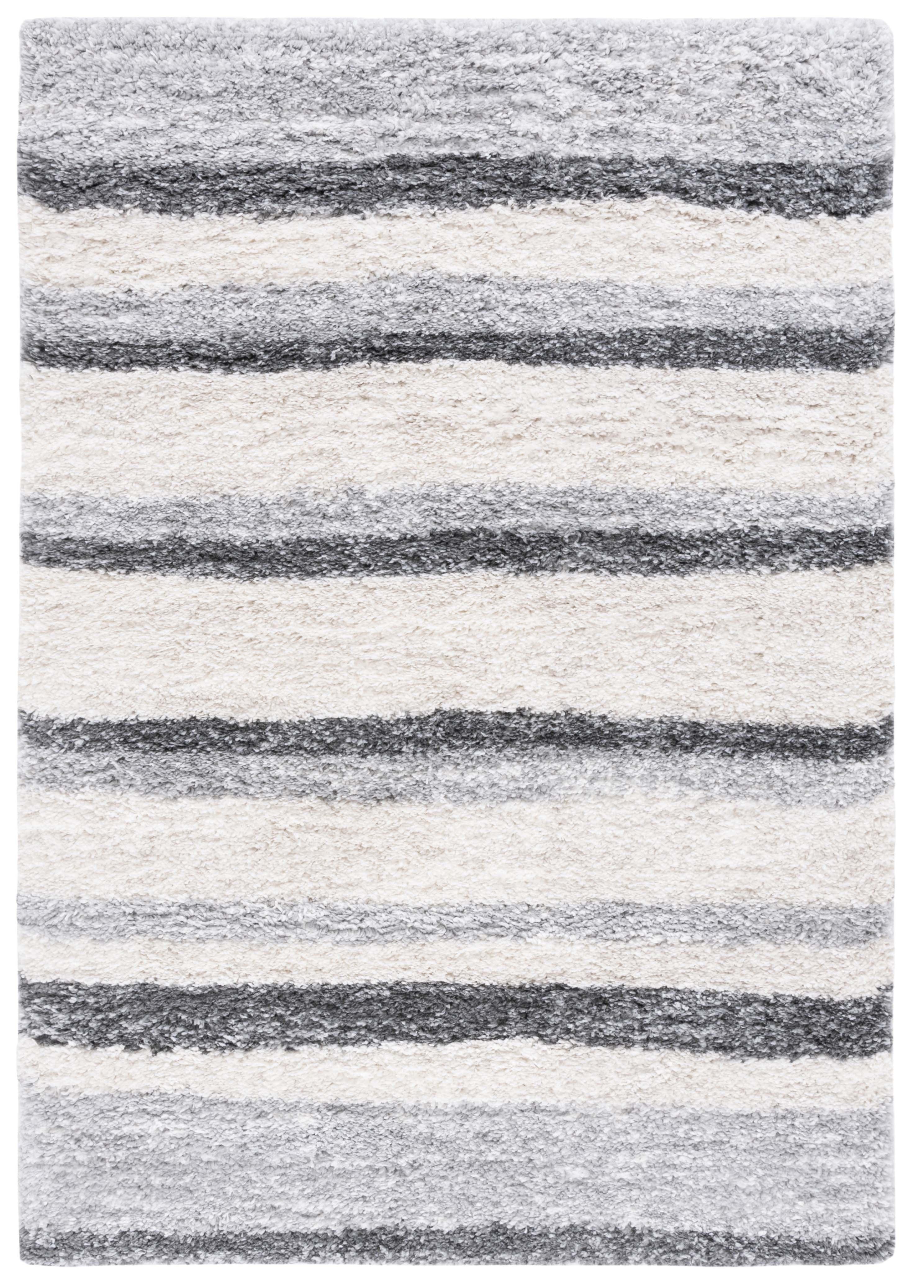 Ivory and Grey Striped Synthetic Shag Area Rug