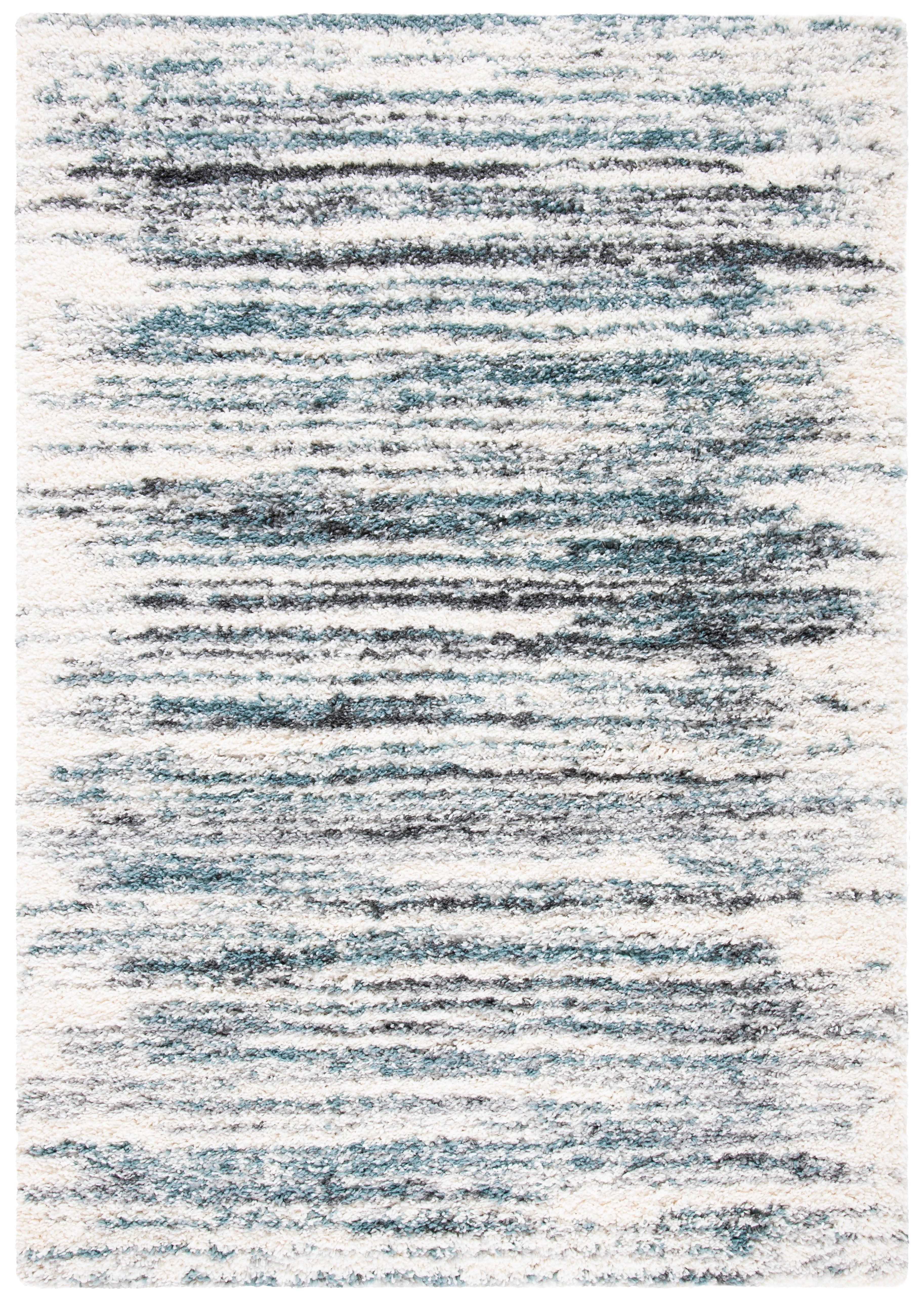 Ivory and Teal Abstract Shag Area Rug 3' x 5'