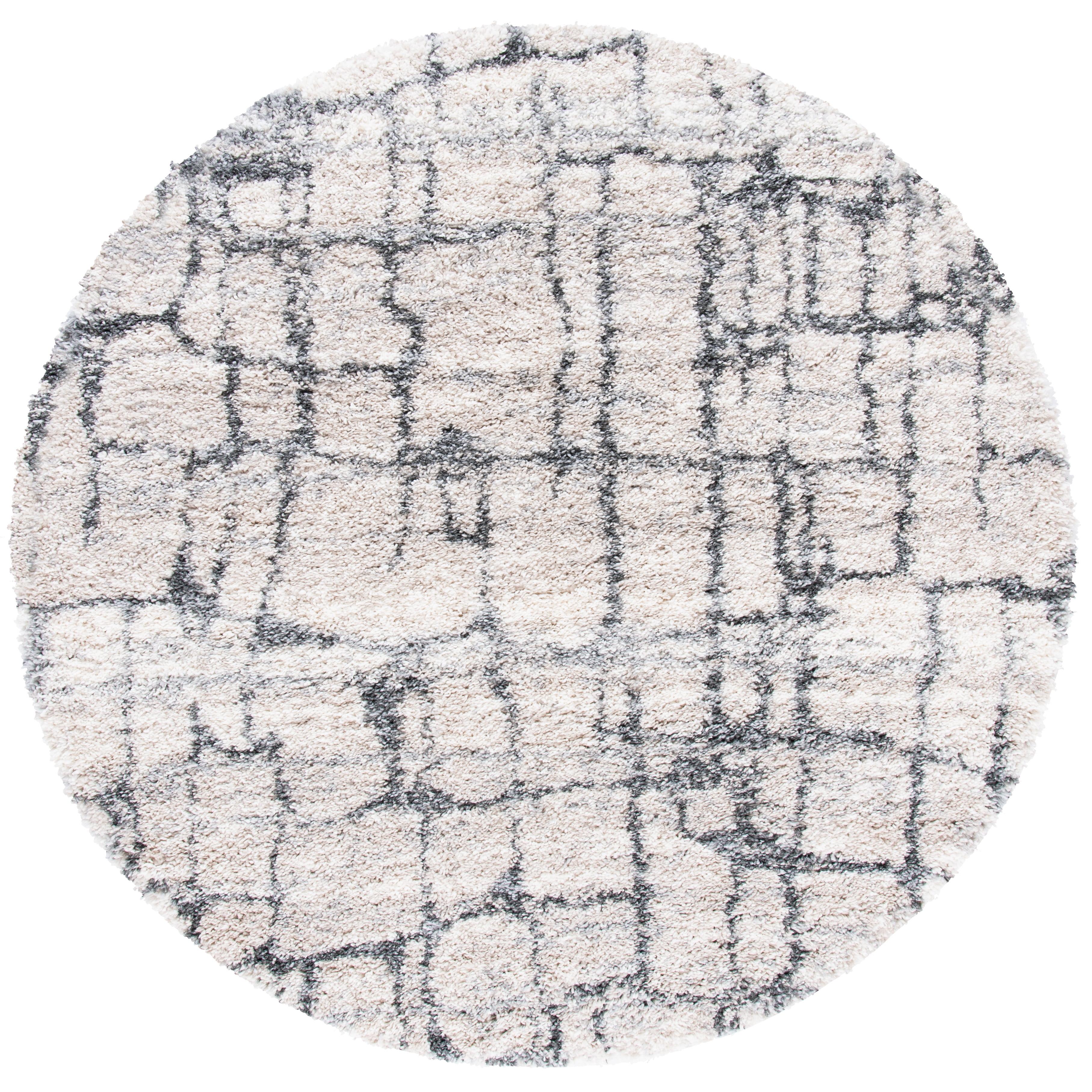 Ivory and Gray Round Shag Area Rug, 8' x 8'