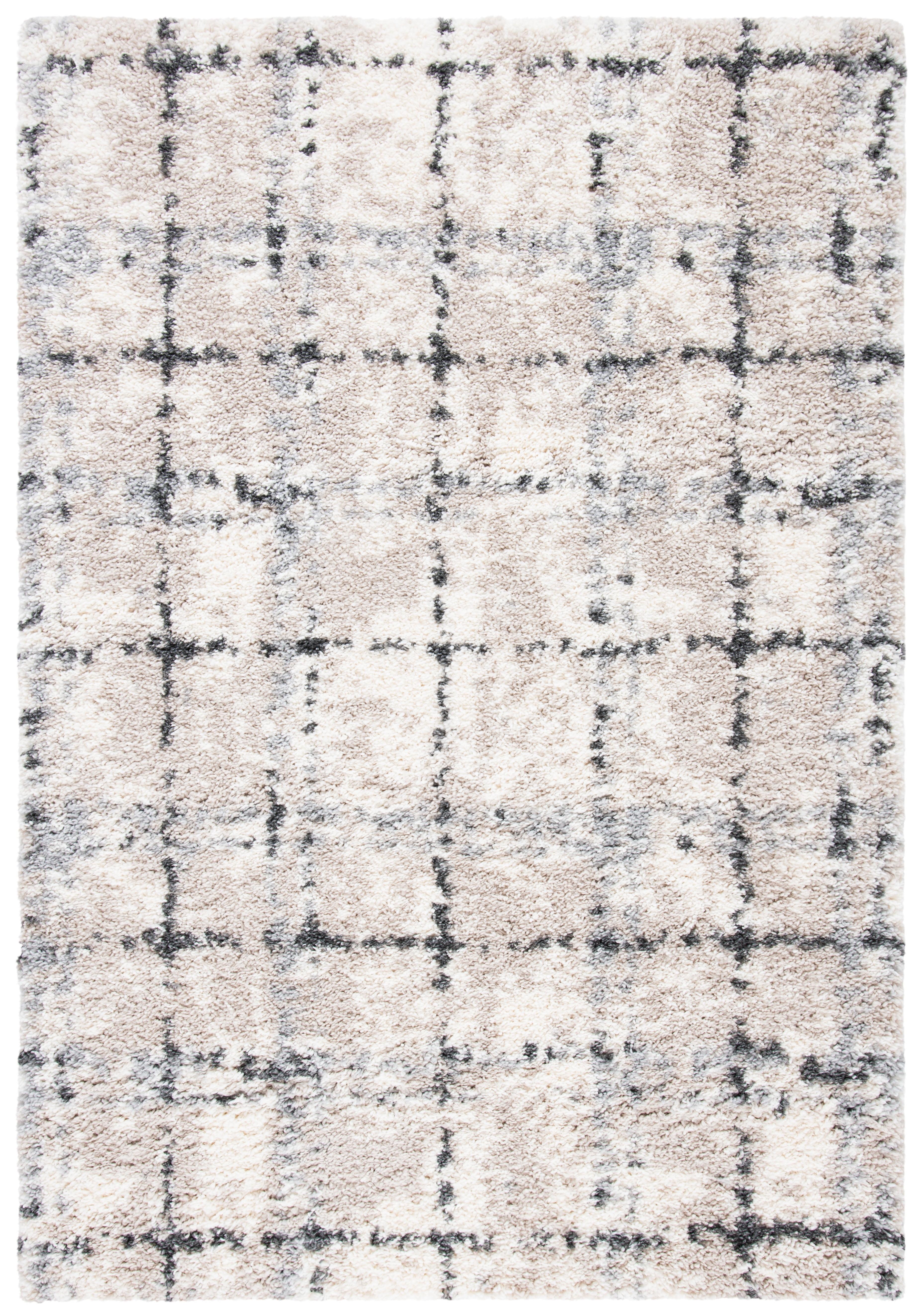 Ivory and Gray Hand-knotted Round Shag Rug