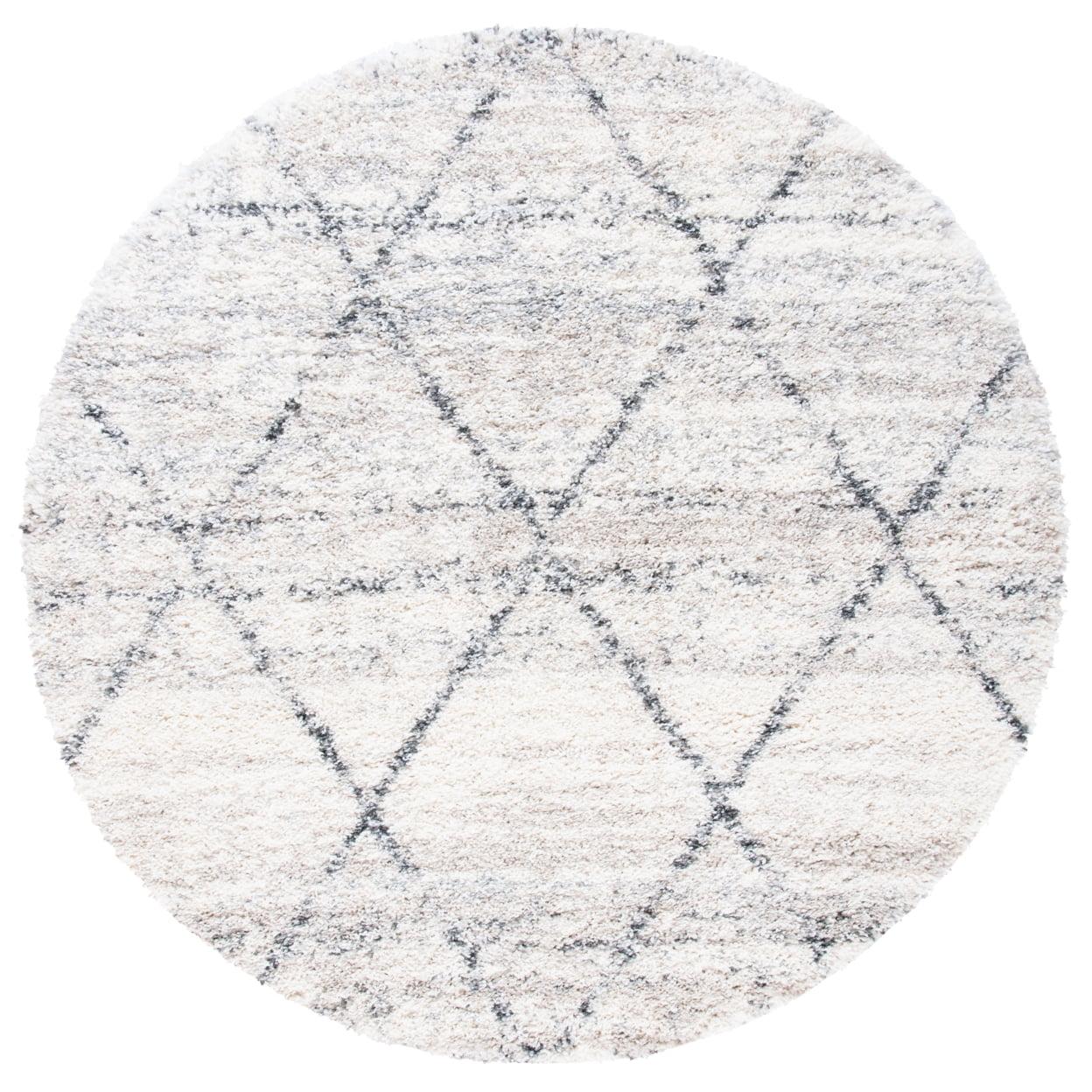 Ivory and Grey Round Hand-knotted Shag Rug