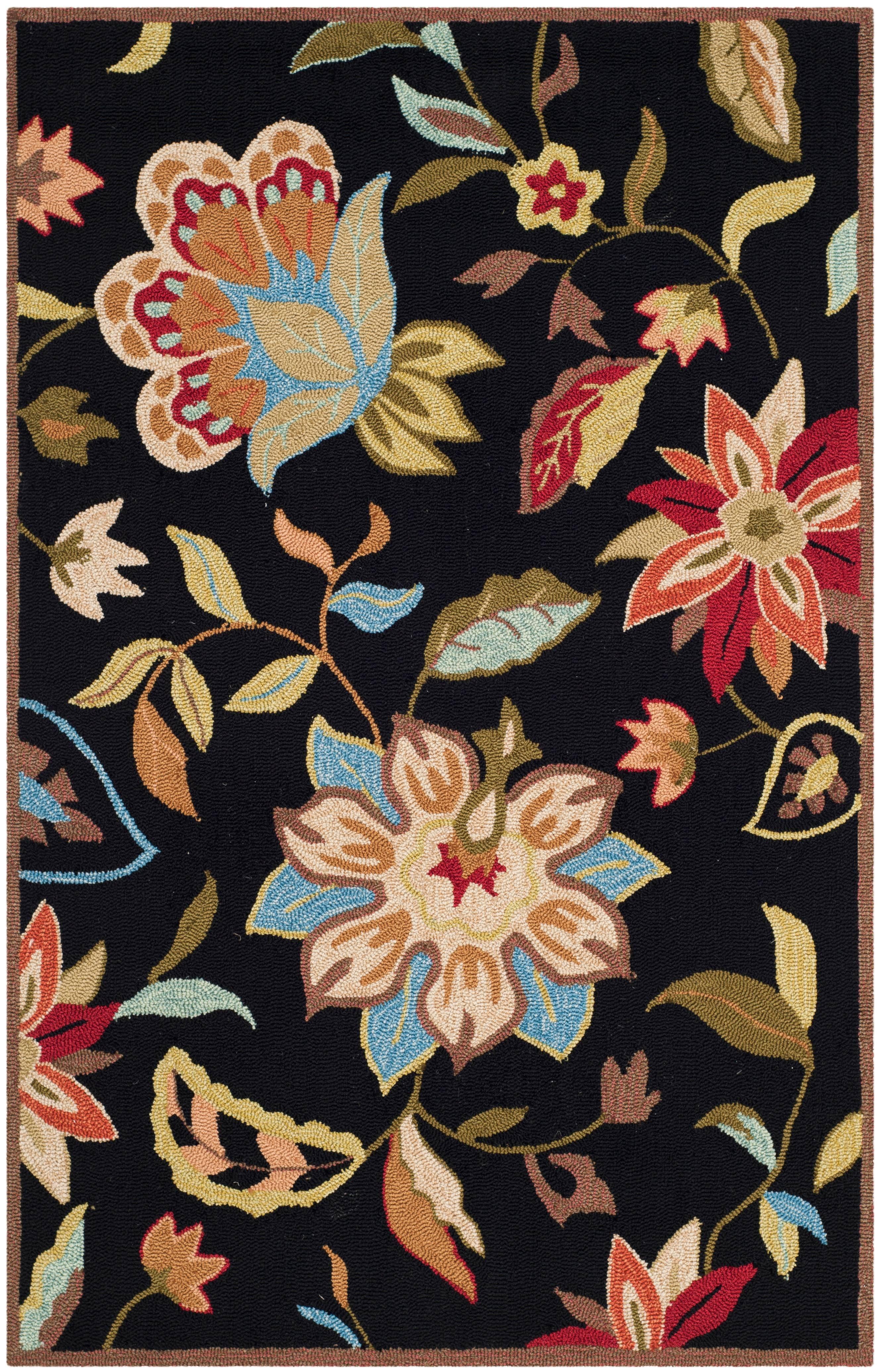 Handmade Black Floral Easy-Care Rectangular Area Rug