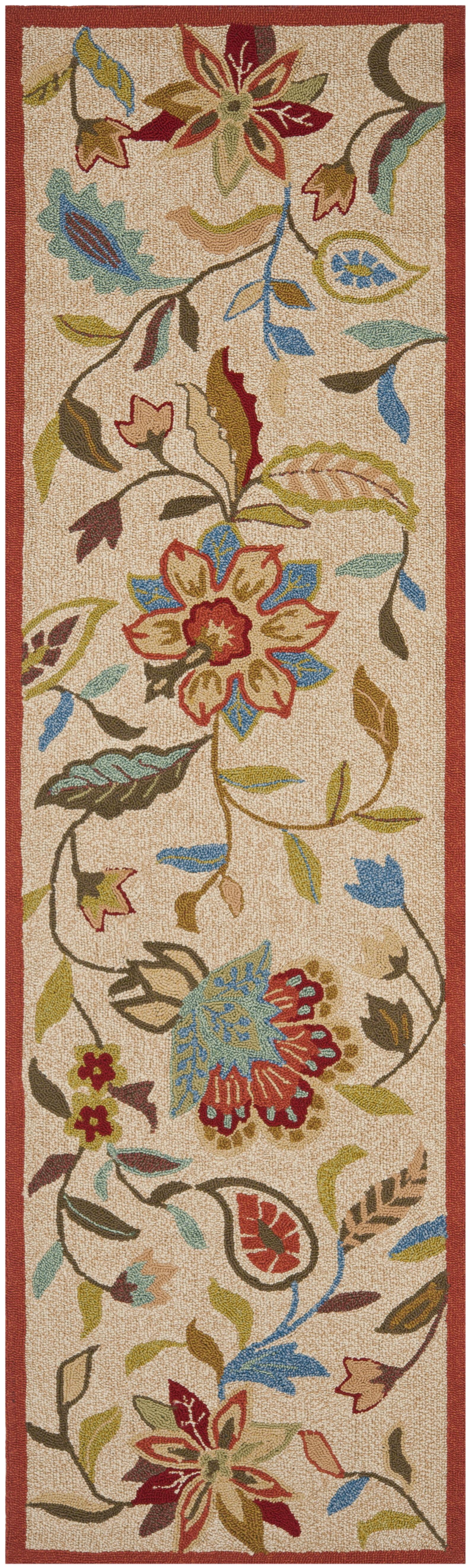 Ivory and Rust Floral Hand-Hooked Runner Rug