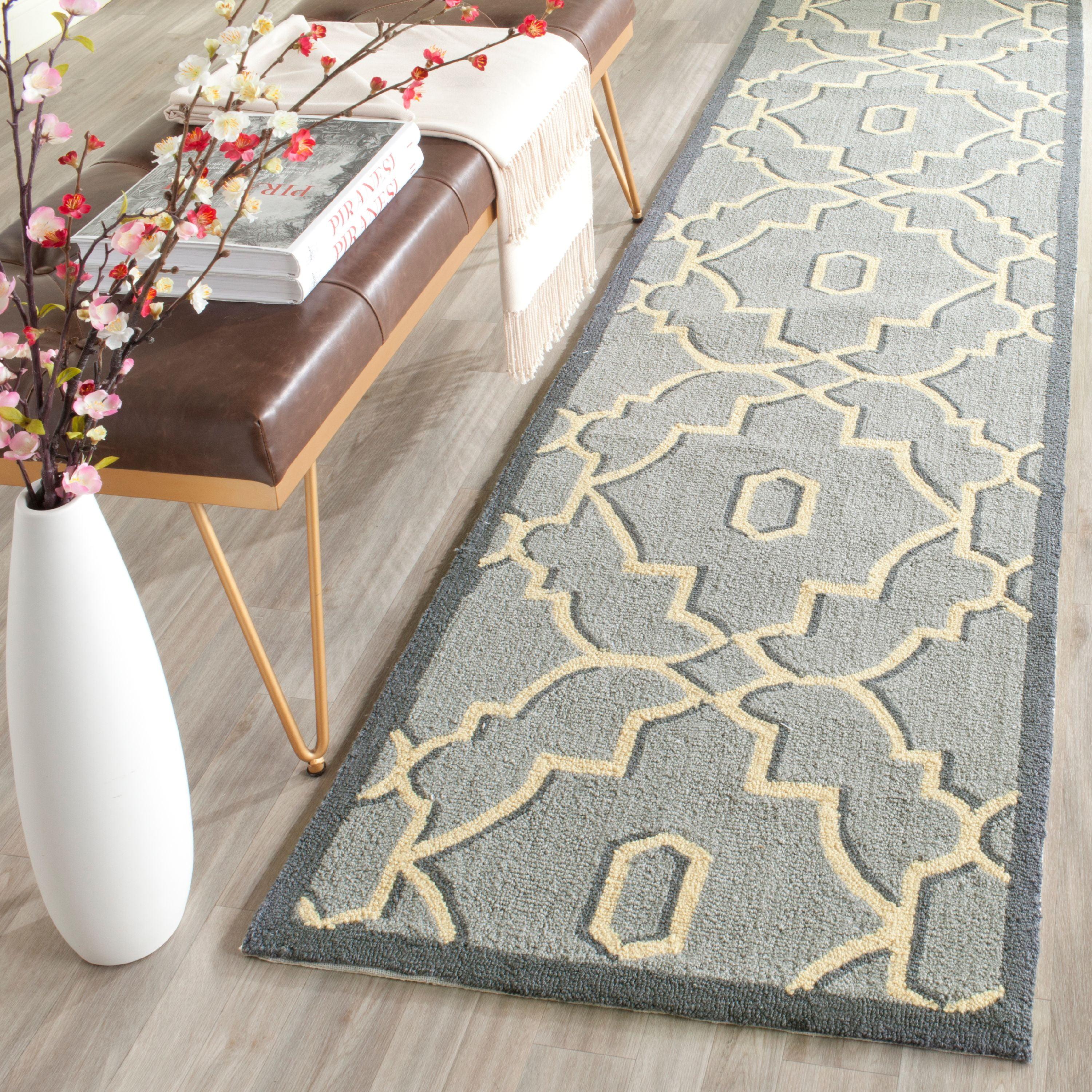 Handmade Light Blue Floral Synthetic Runner Rug