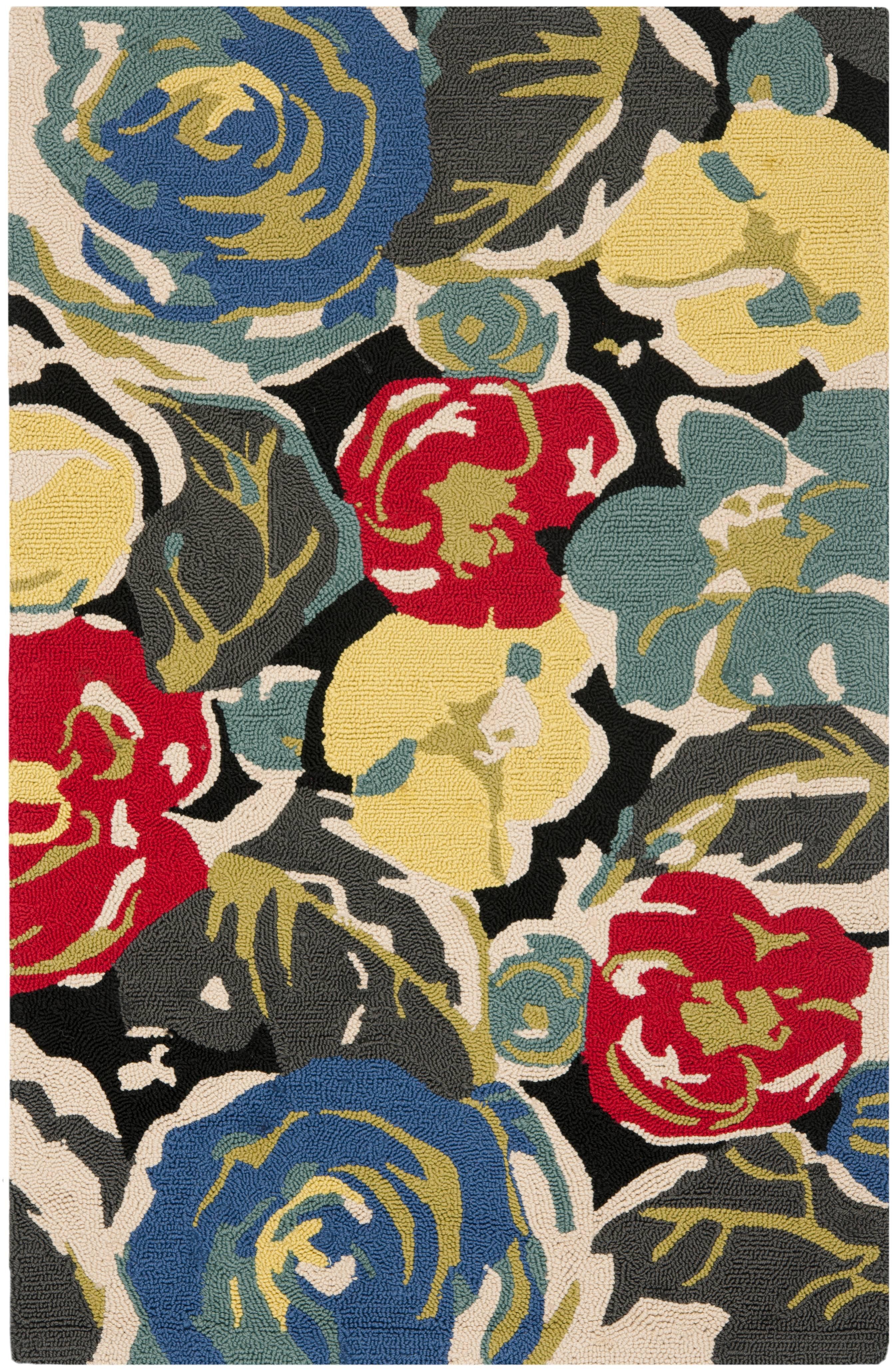 Handmade Black Floral Rectangular Synthetic Area Rug