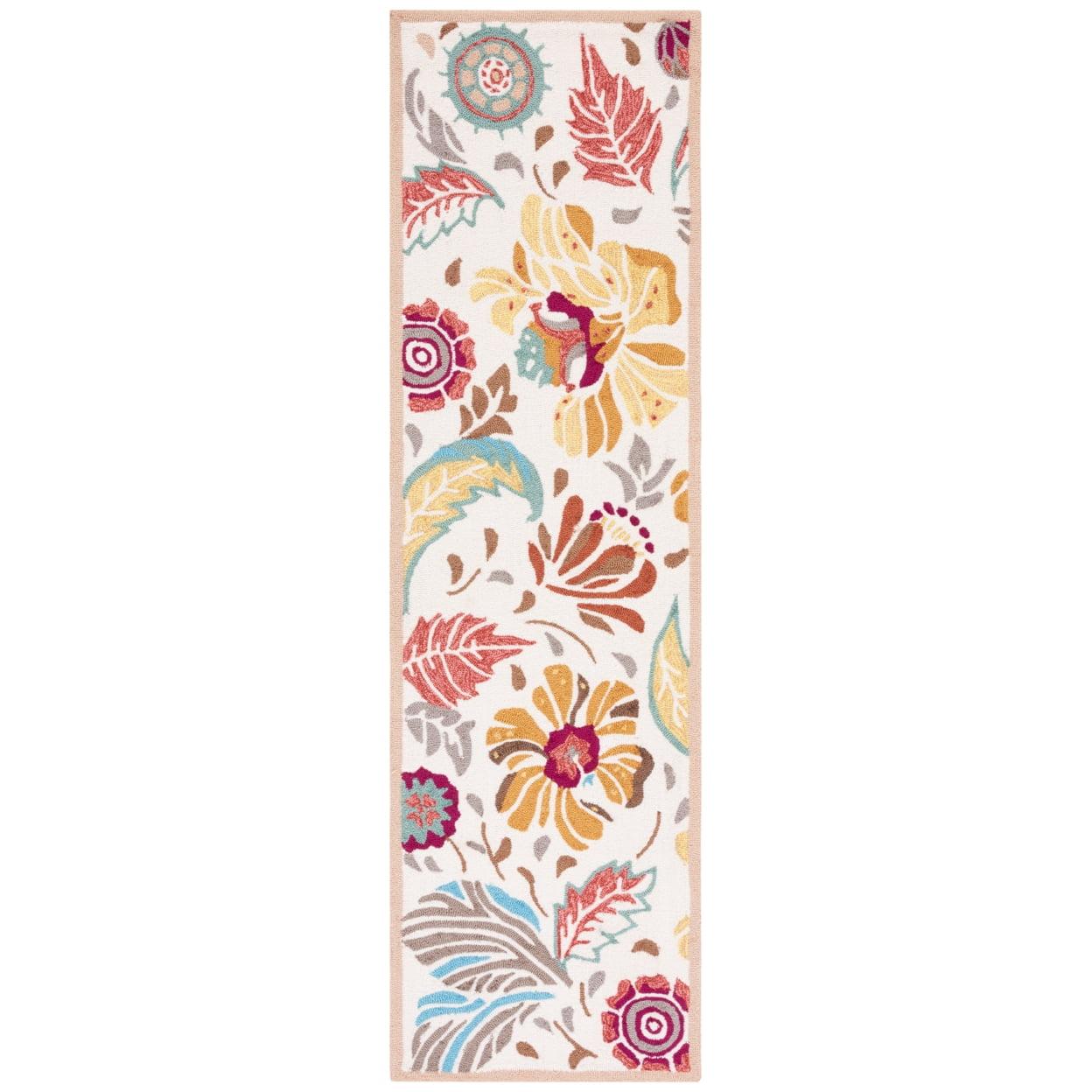 Ivory Floral Hand-Hooked Synthetic Runner Rug 2'3" x 6'