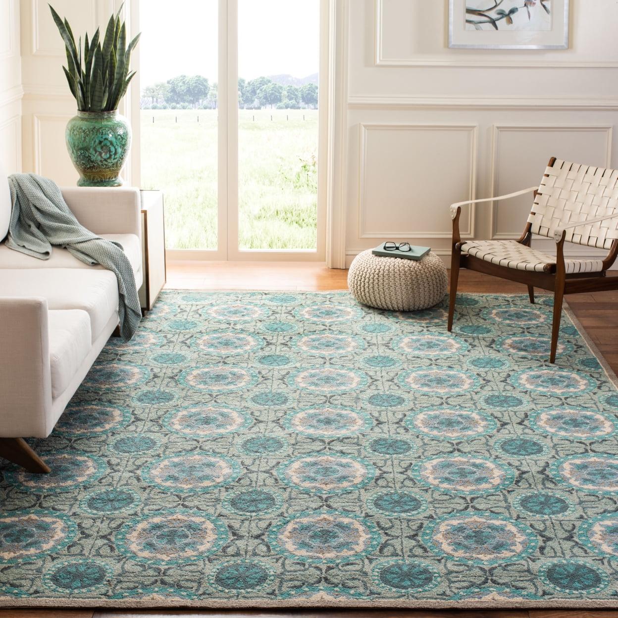 Mint Aqua Floral Handmade Square Synthetic Area Rug 6ft