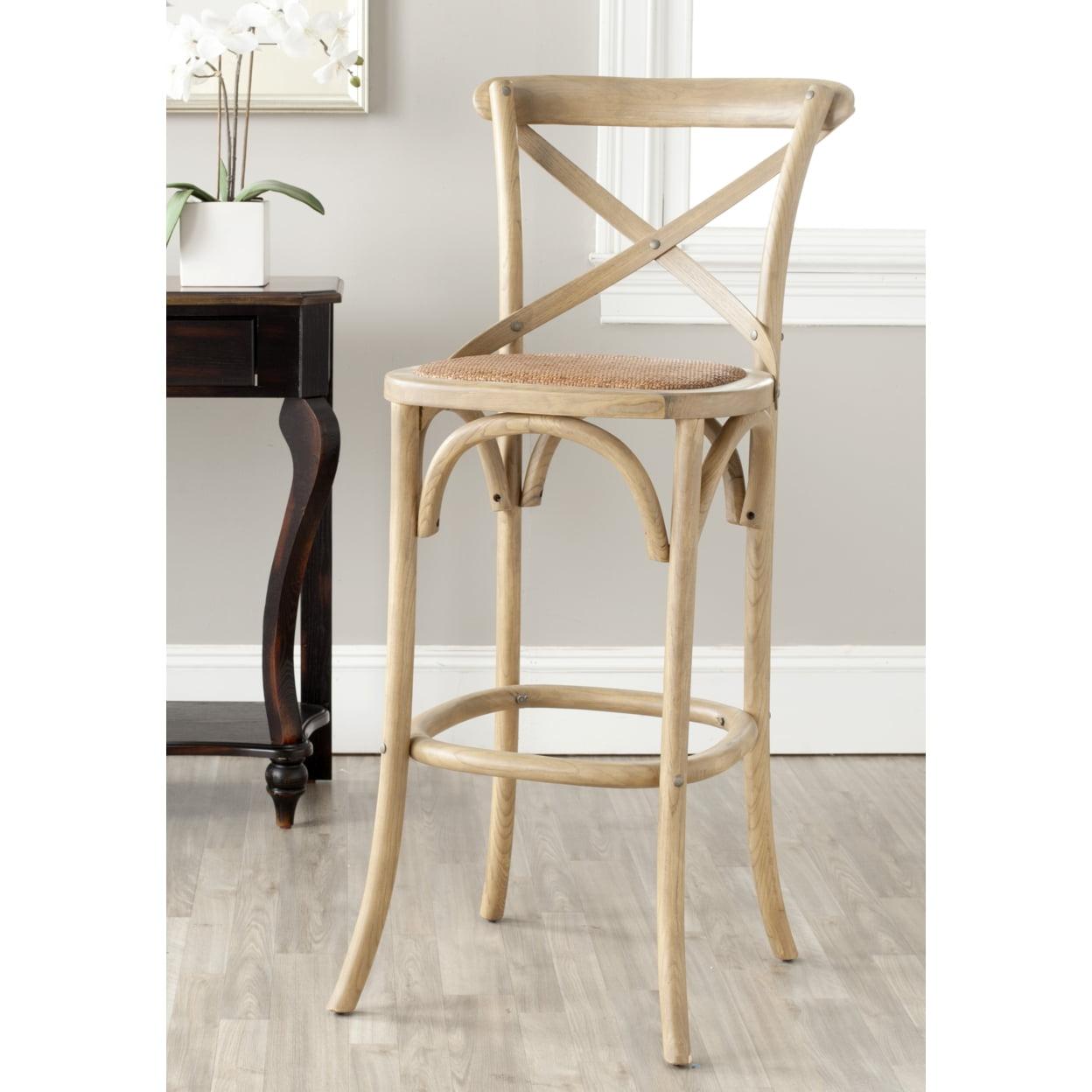 Transitional Weathered Oak Cross-Back Bar Stool with Rattan Seat