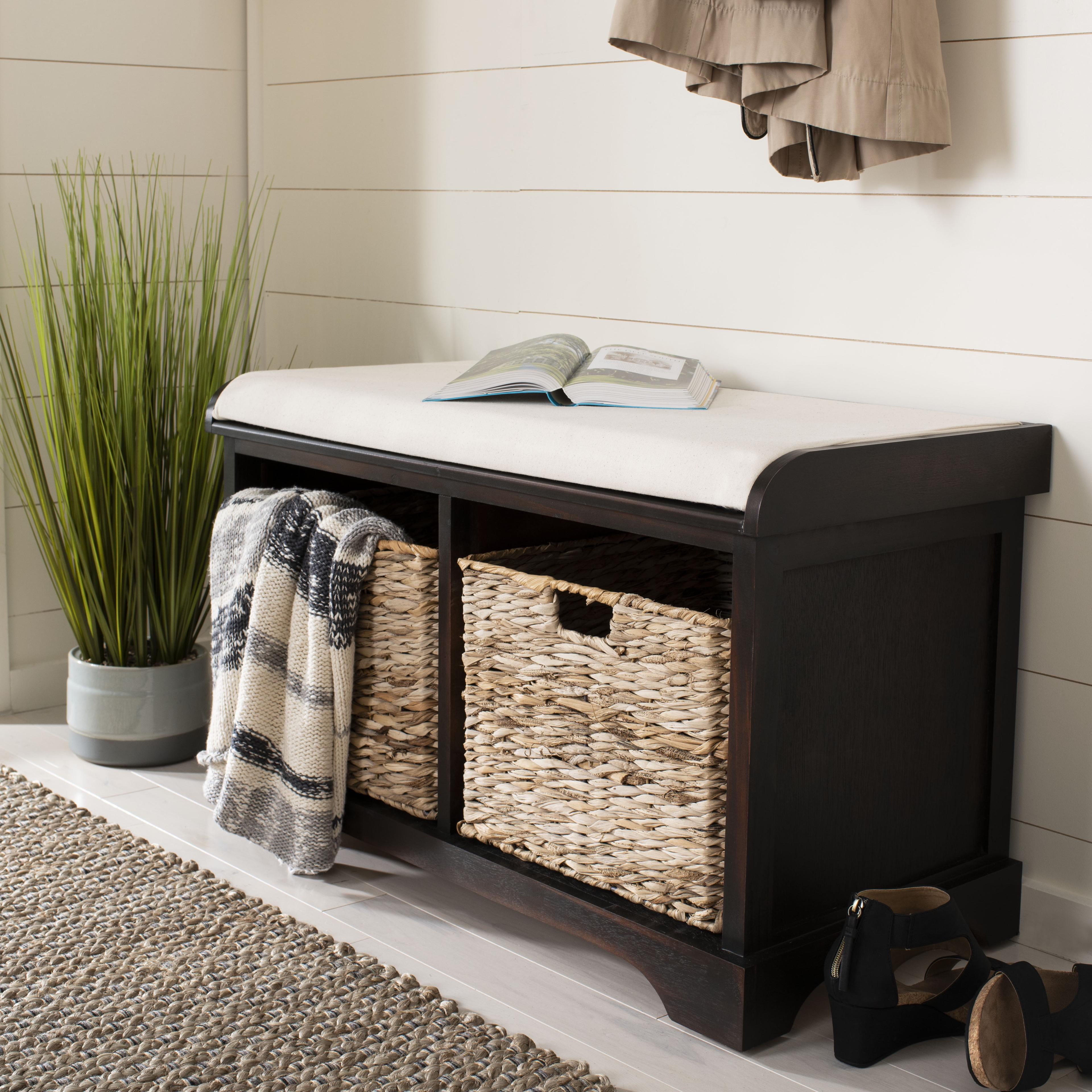 Transitional Pine Wood Storage Bench with Linen Cushion and Wicker Baskets