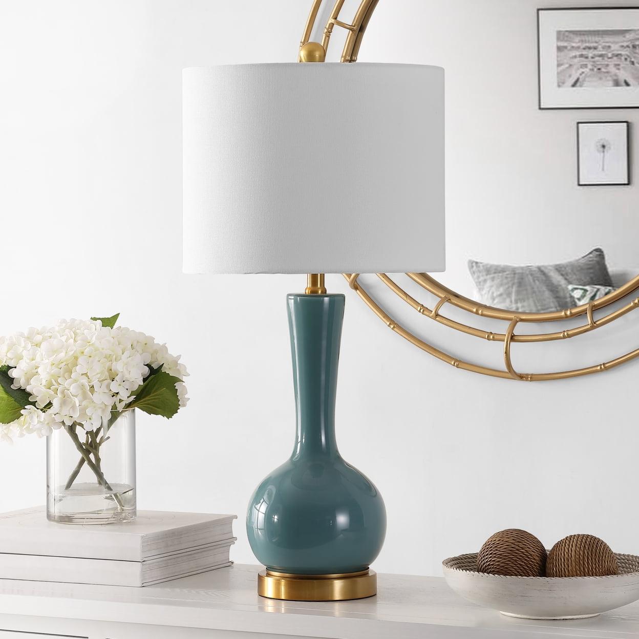 Teal and White Glass Gourd Table Lamp with Drum Shade