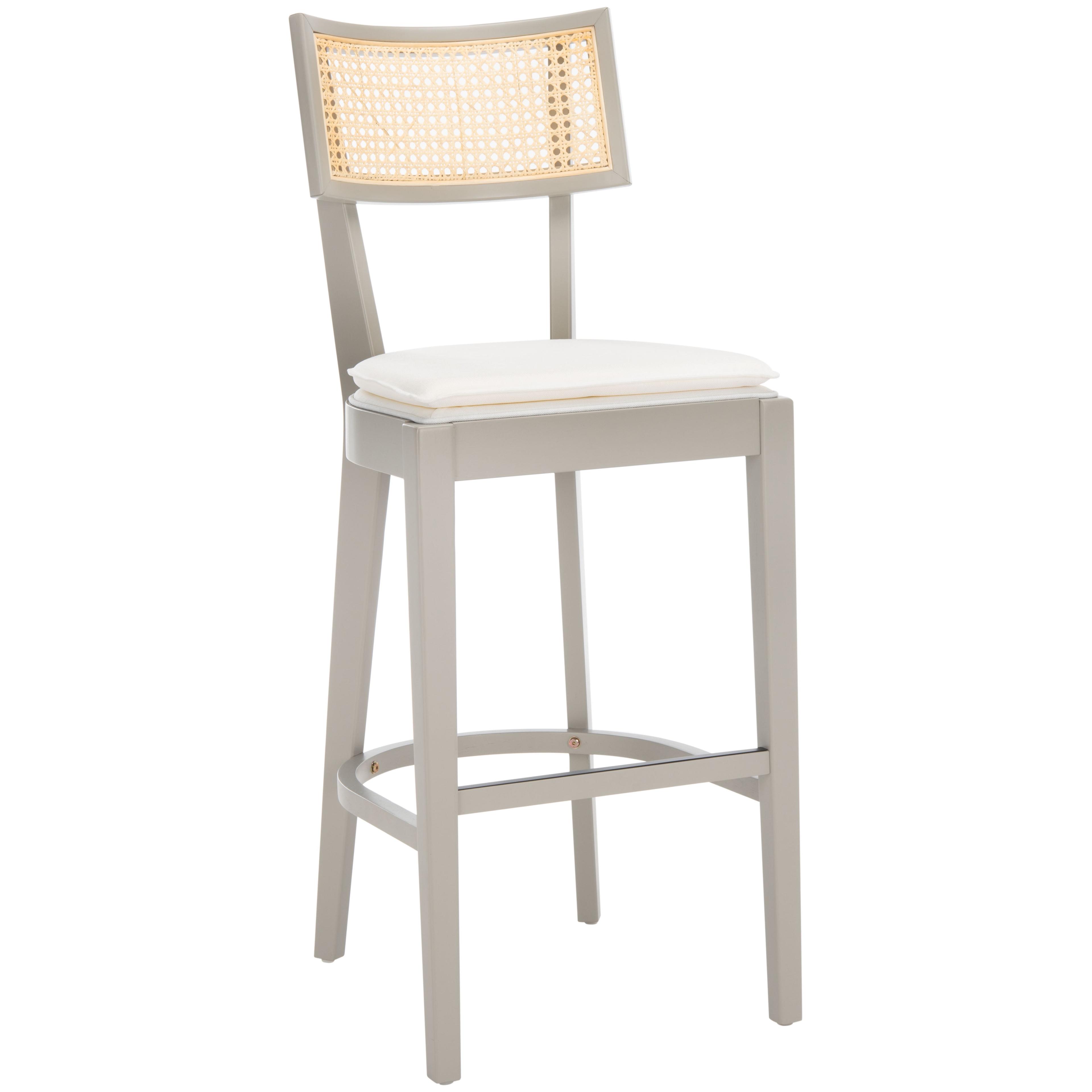 Grey and Natural Wood Woven Cane Bar Stool