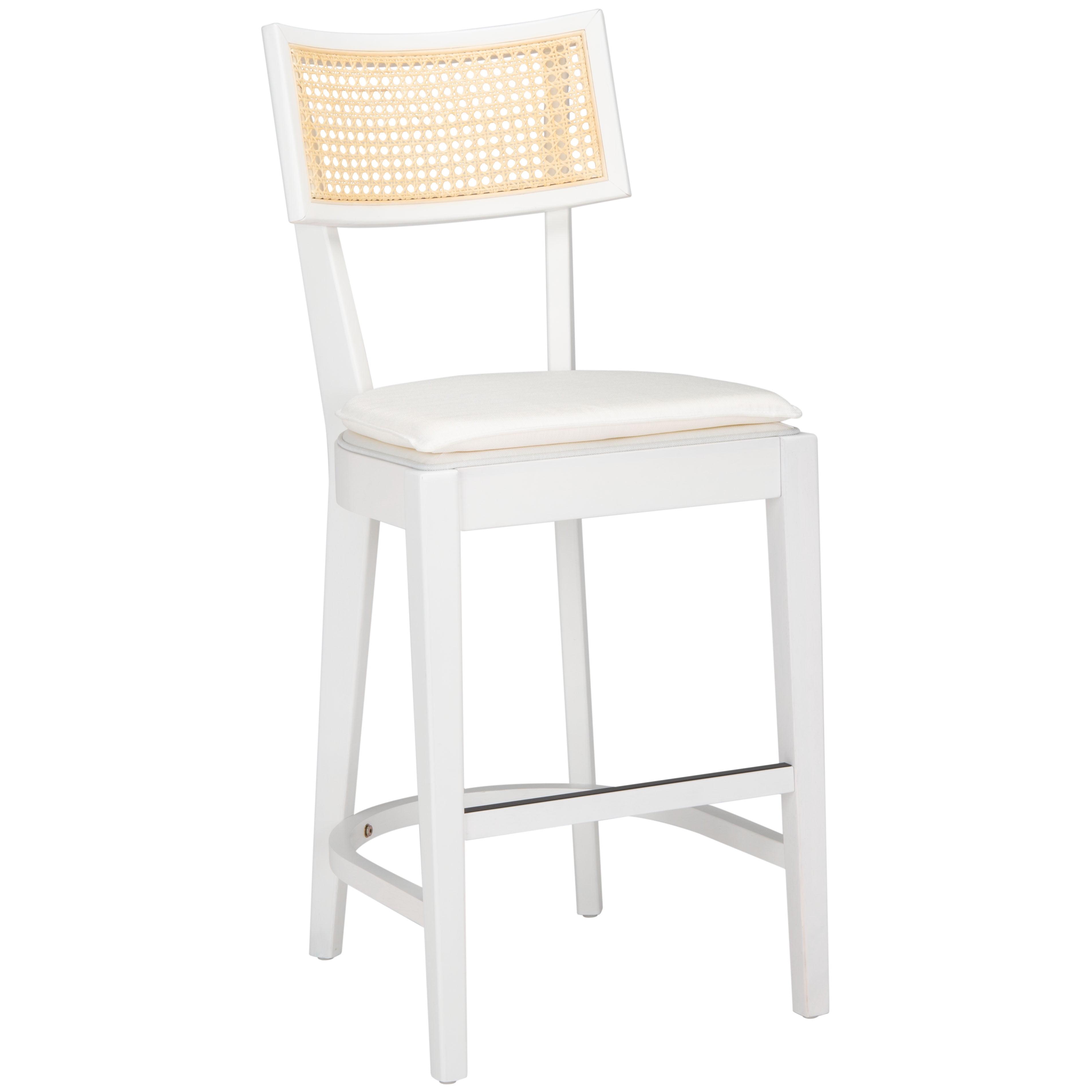 White and Natural Wood Cane Counter Stool with Cushion