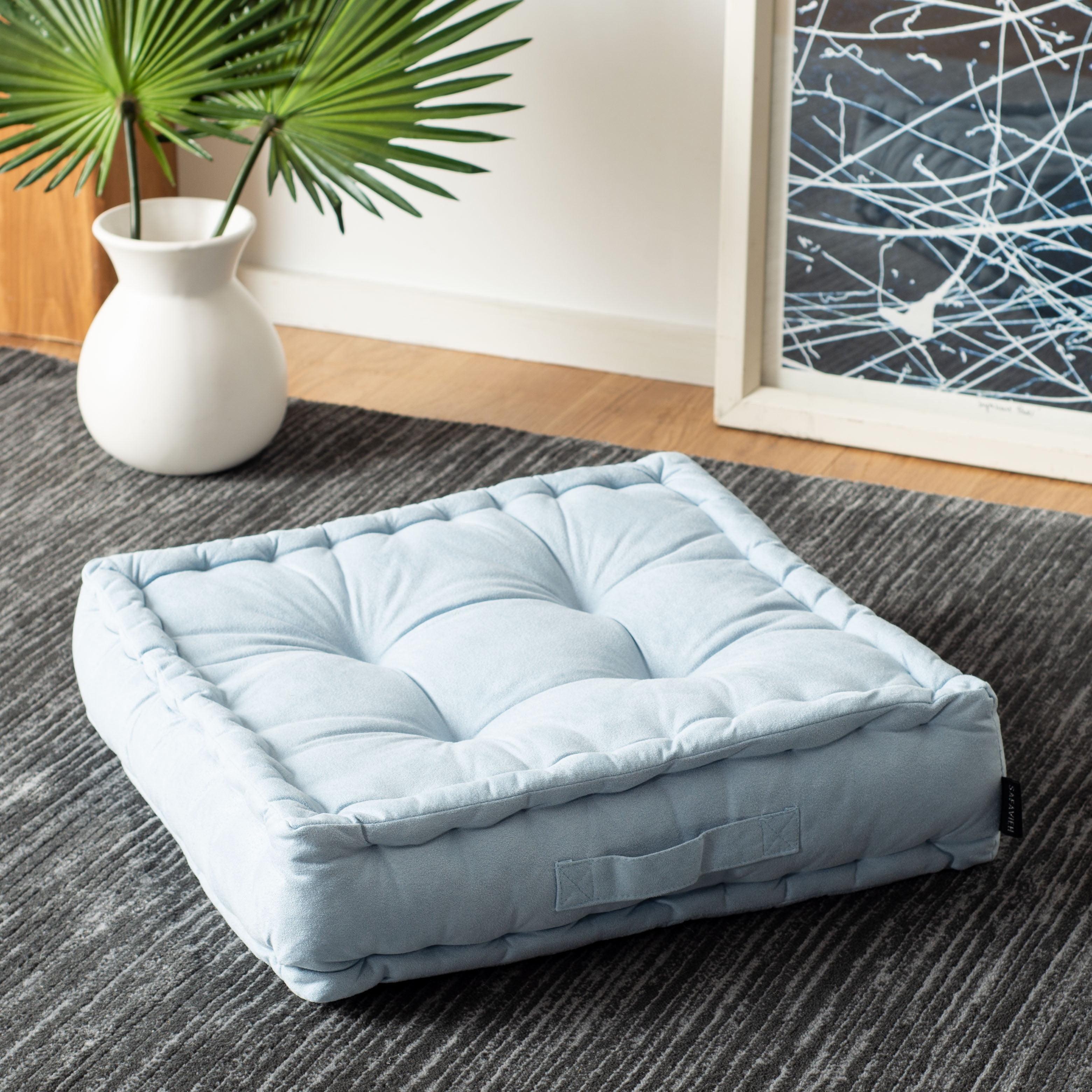 Light Blue Velvet Tufted Square Floor Pillow with Handle