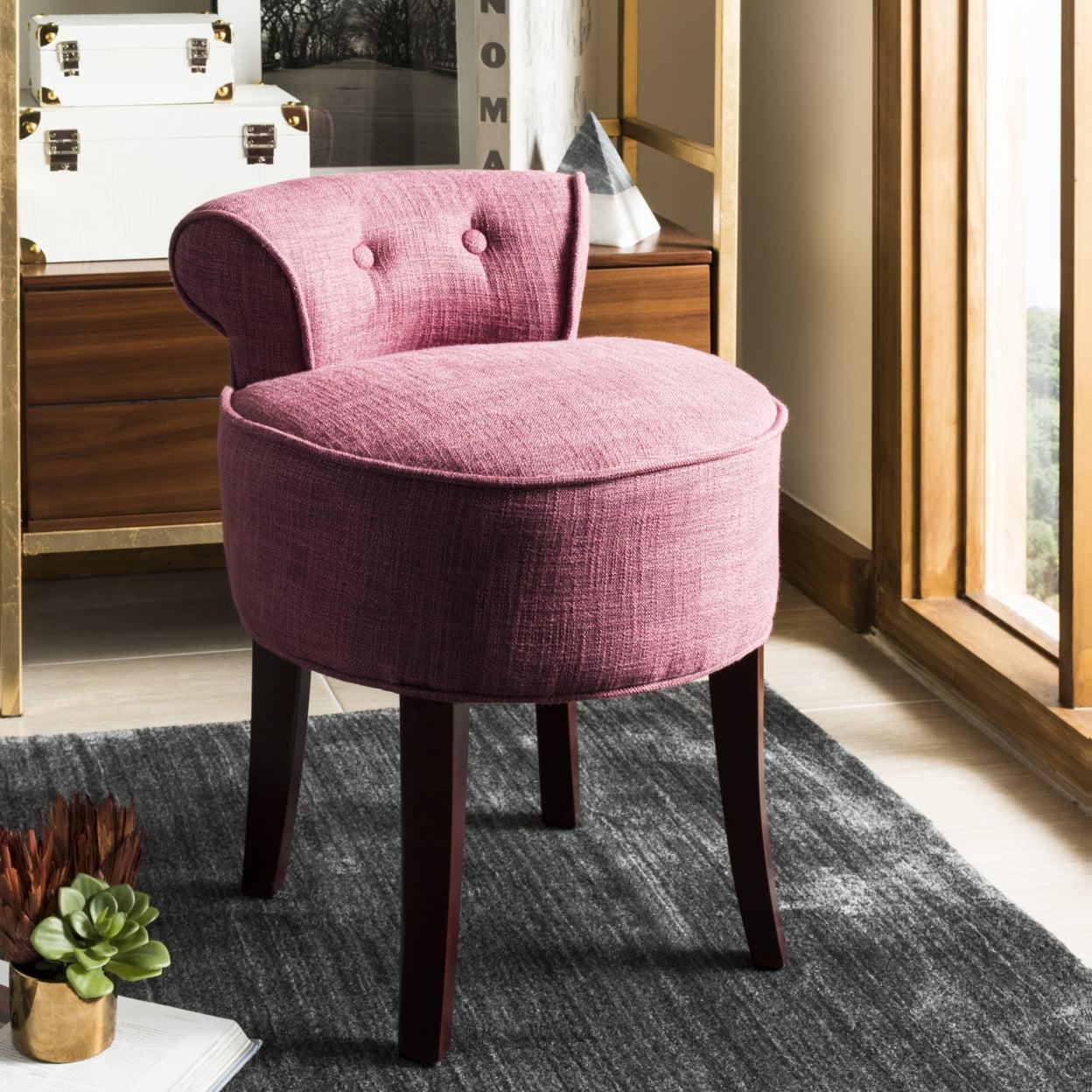 Rose Pink Button Tufted Vanity Stool with Mahogany Legs
