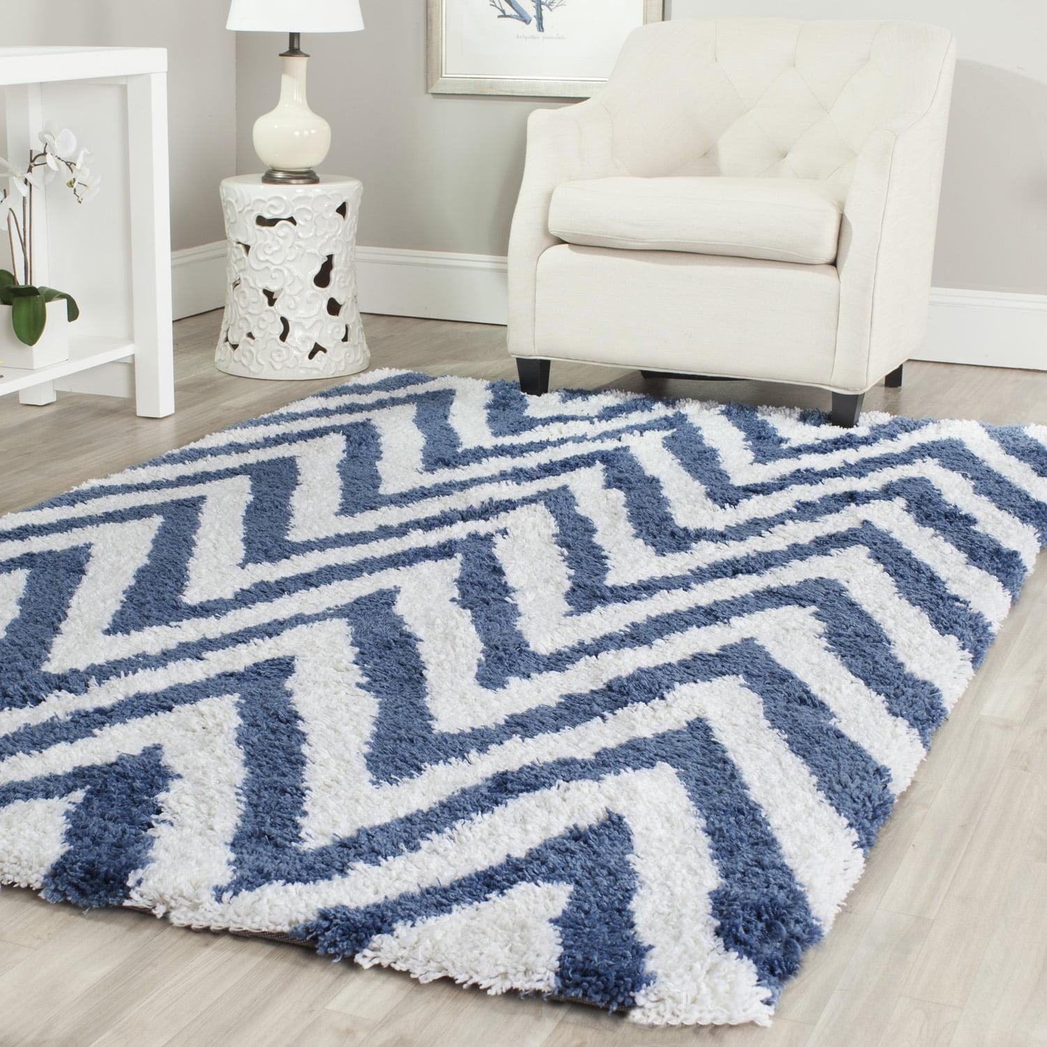 Ivory and Blue Chevron Shag 4' x 4' Square Rug