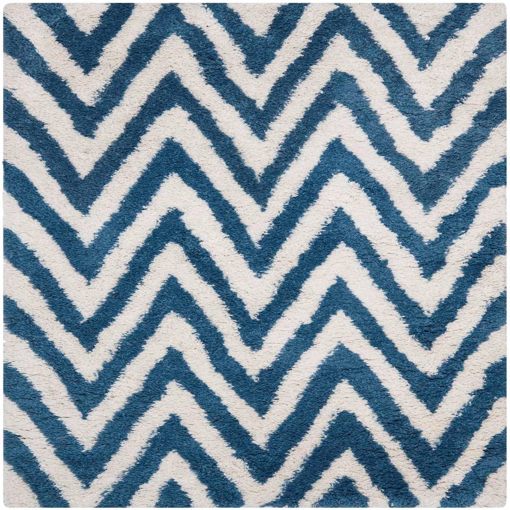 Ivory & Blue Hand-Tufted Shag Square Wool Blend Rug 5'x5'