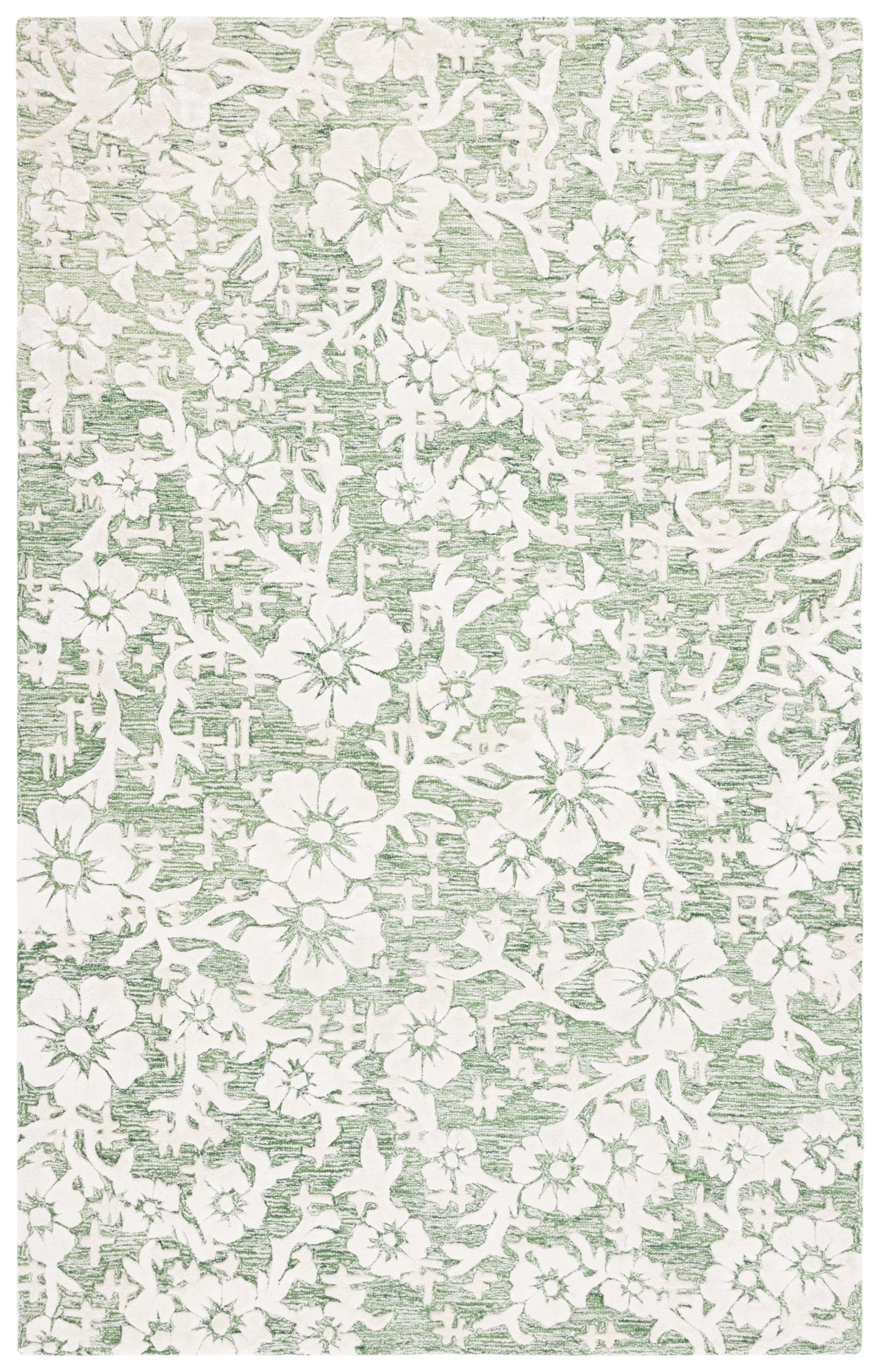 Green and Ivory Hand-Tufted Wool and Viscose 5' x 8' Area Rug