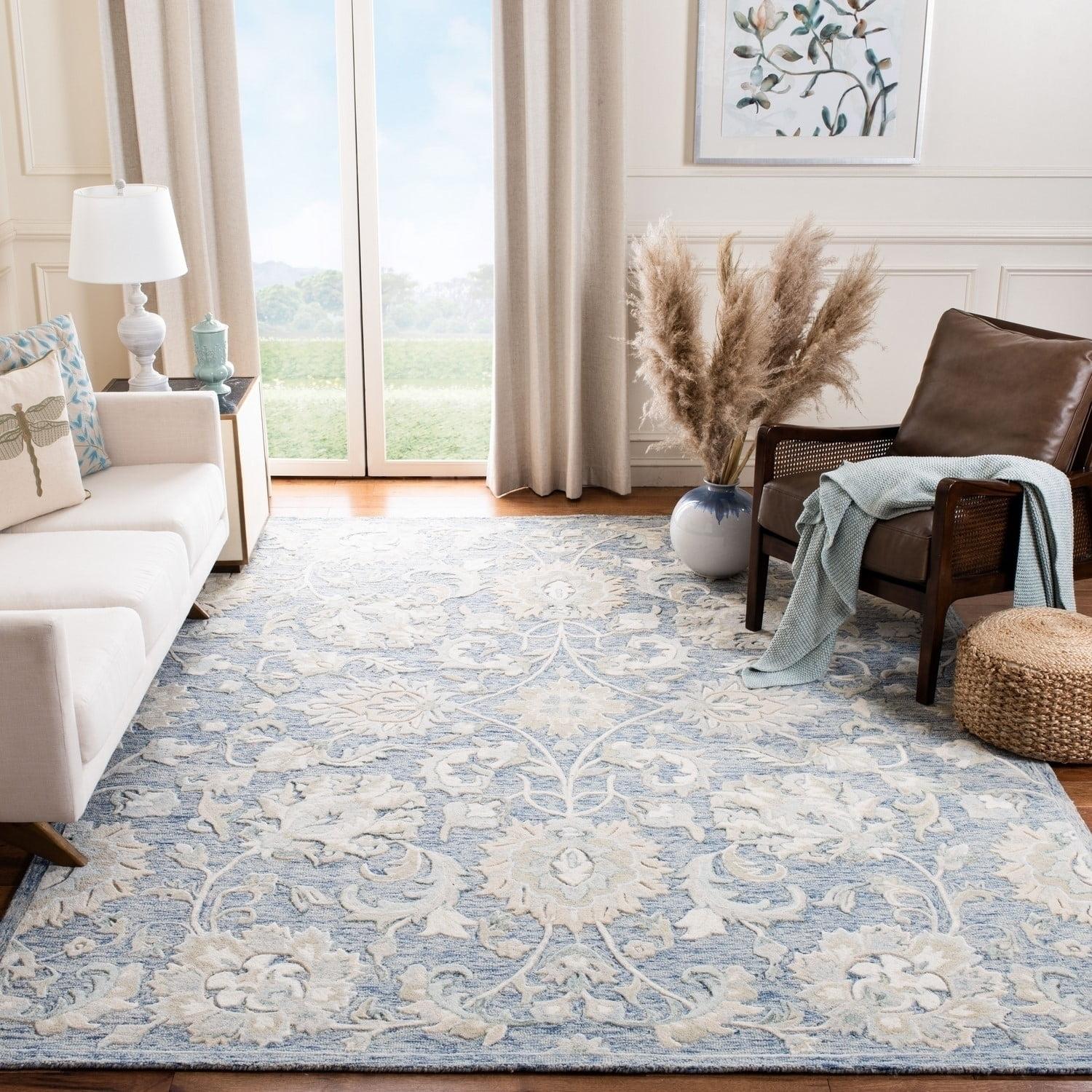 Blue and Beige Hand-Tufted Wool Floral Runner Rug