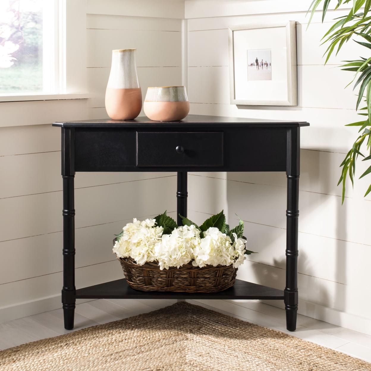 Bamboo-Inspired Triangular Pine Wood Corner Console with Drawer - Black