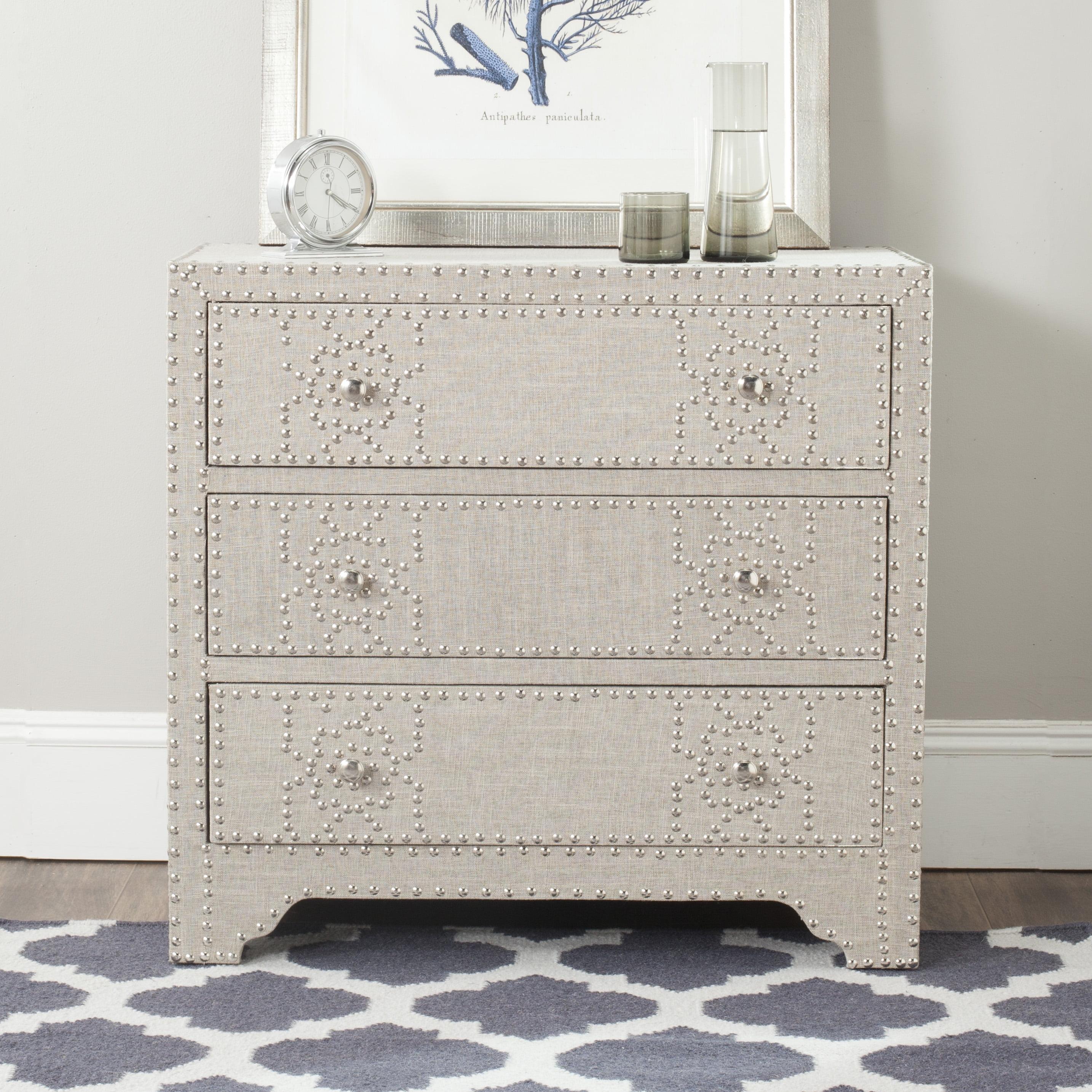 Transitional Gray 32" Fir Wood 3-Drawer Chest with Silver Nailheads