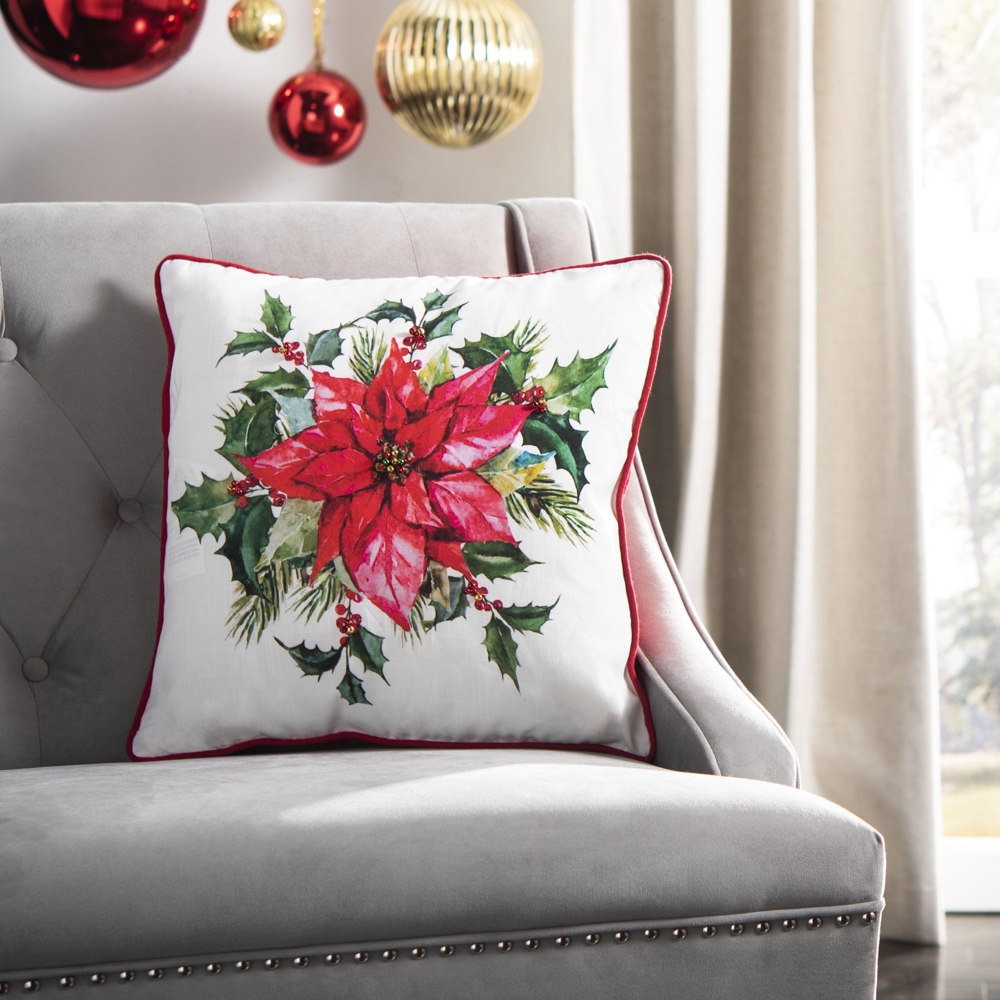 Holiday Poinsettia Beige and Red Square Pillow