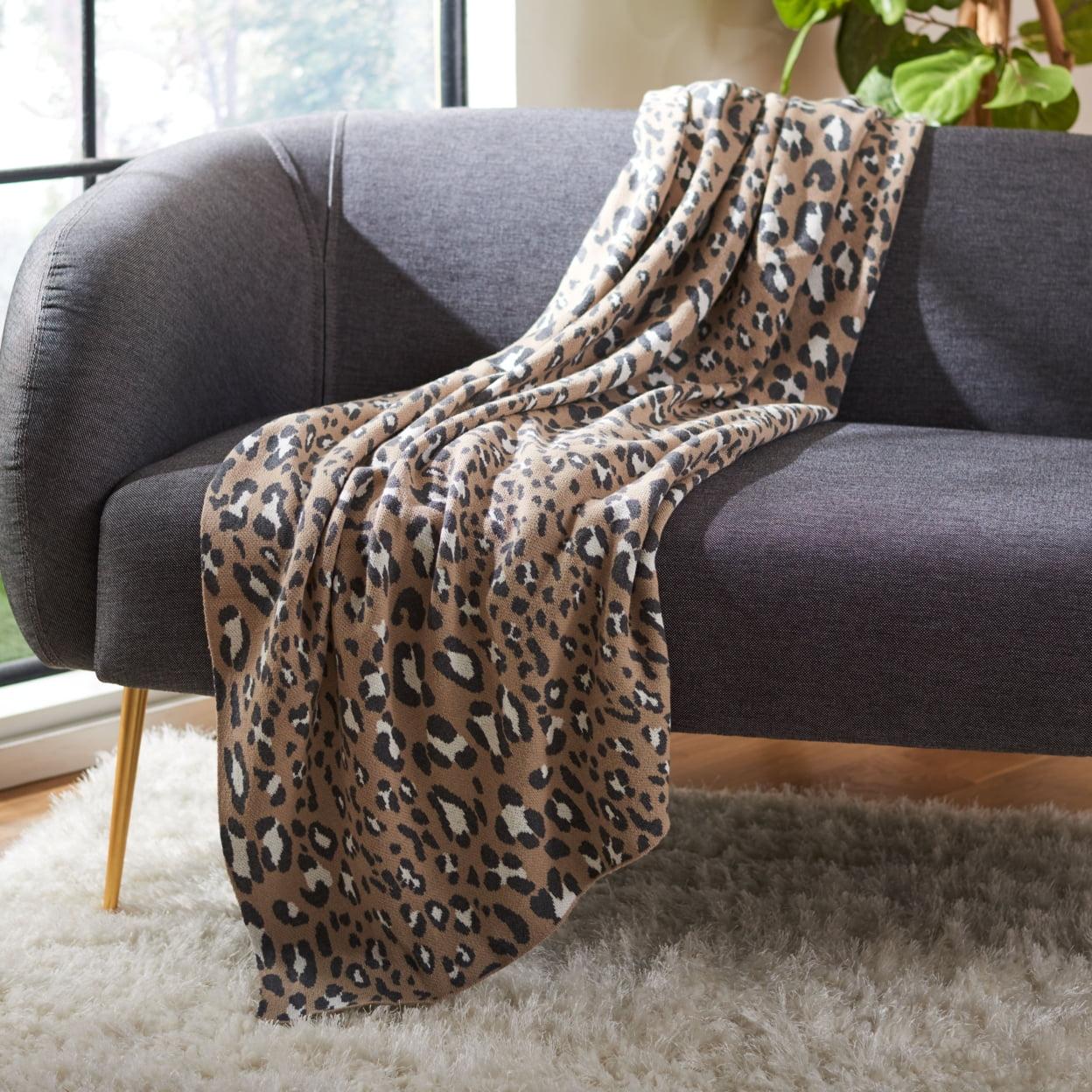 Beige and Black Cotton Leopard Print Throw Blanket