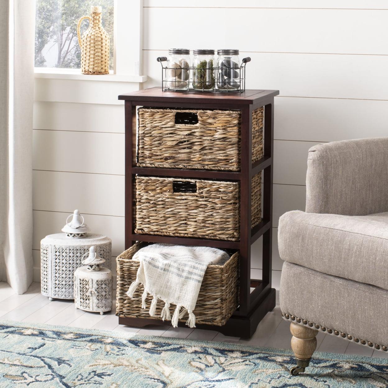 Transitional Brown Pine Wood Side Table with 3 Rattan Drawers