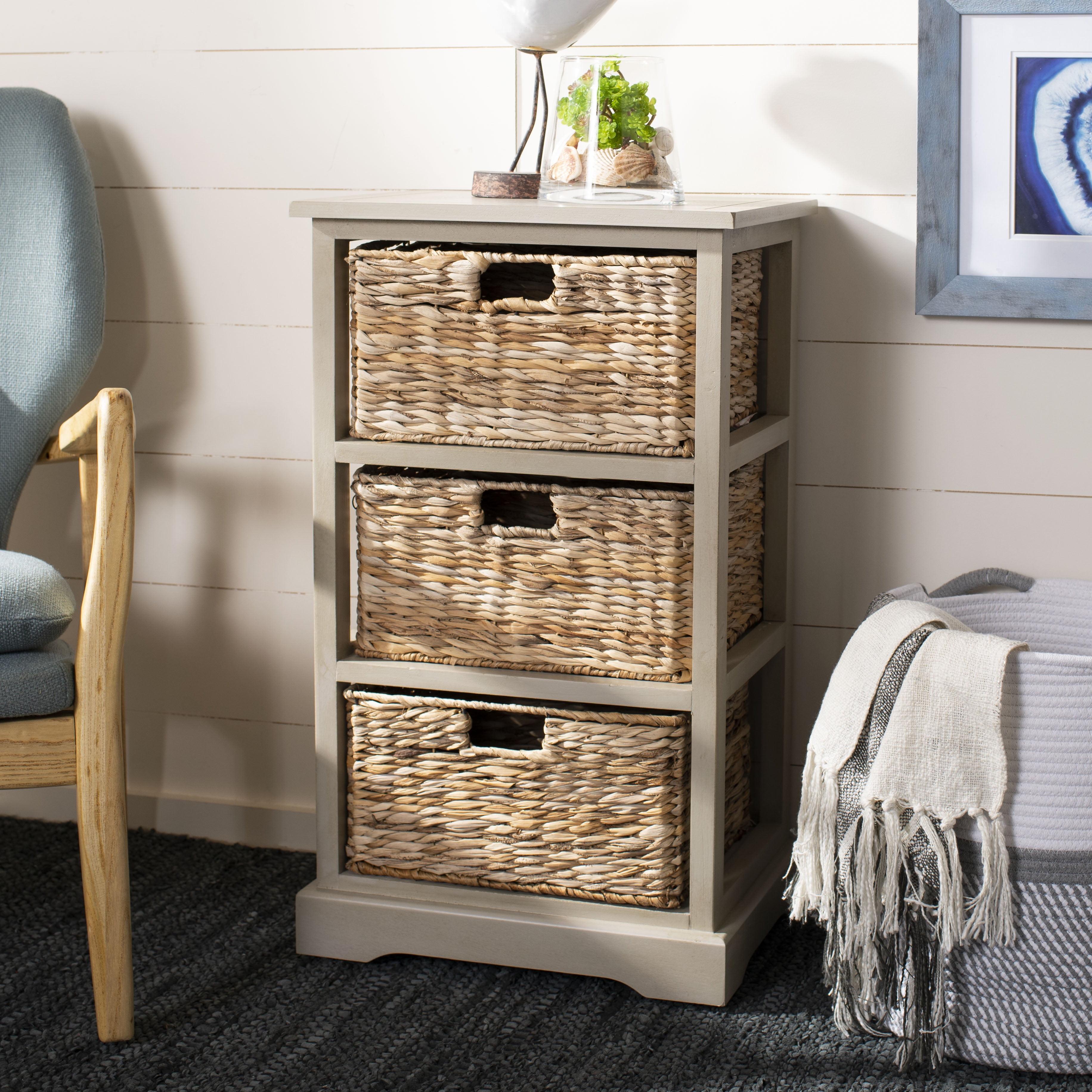 Halle 3 Wicker Basket Storage Side Table - Vintage Grey - Safavieh.