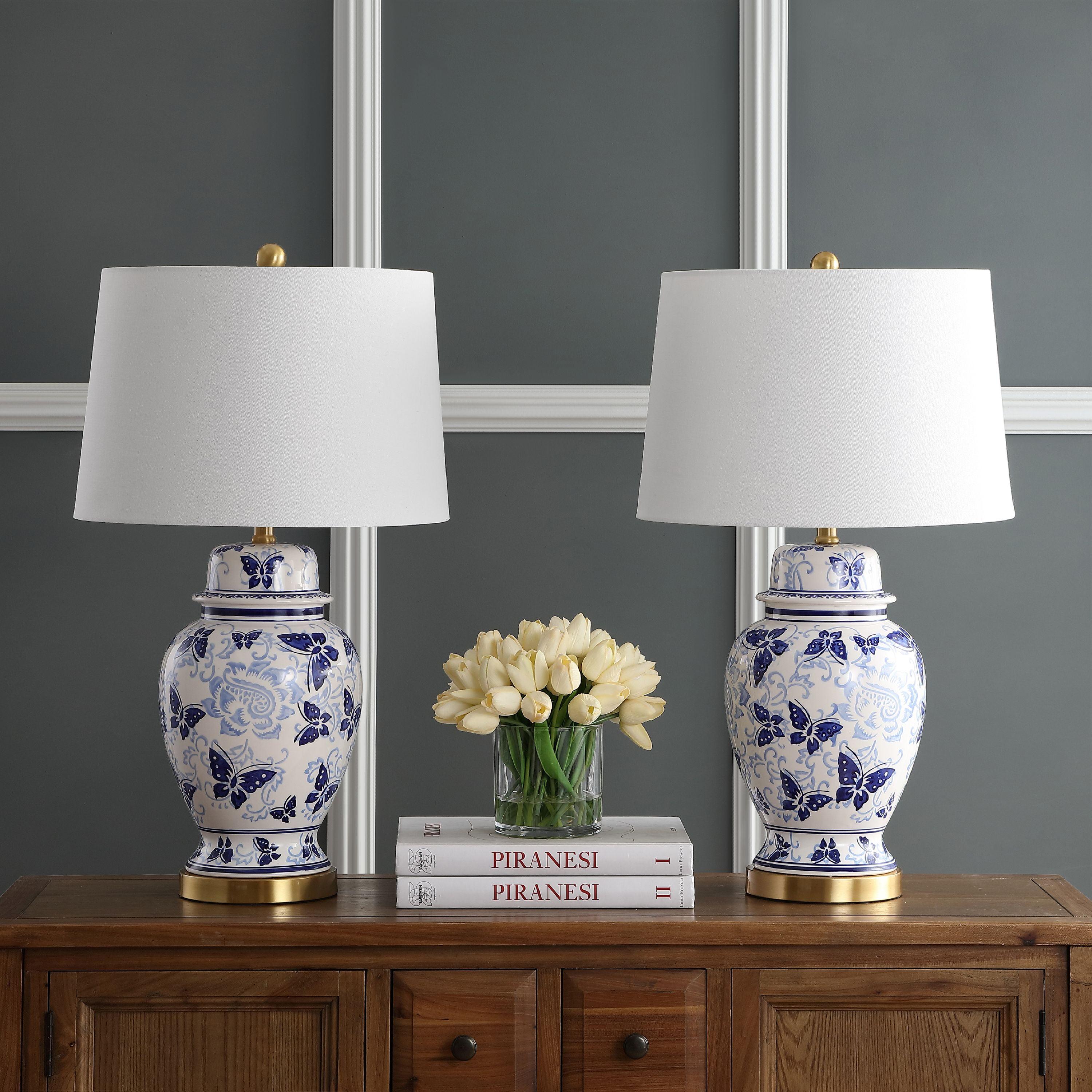 Hana Blue and White Ceramic Table Lamp Set with Cotton Shade