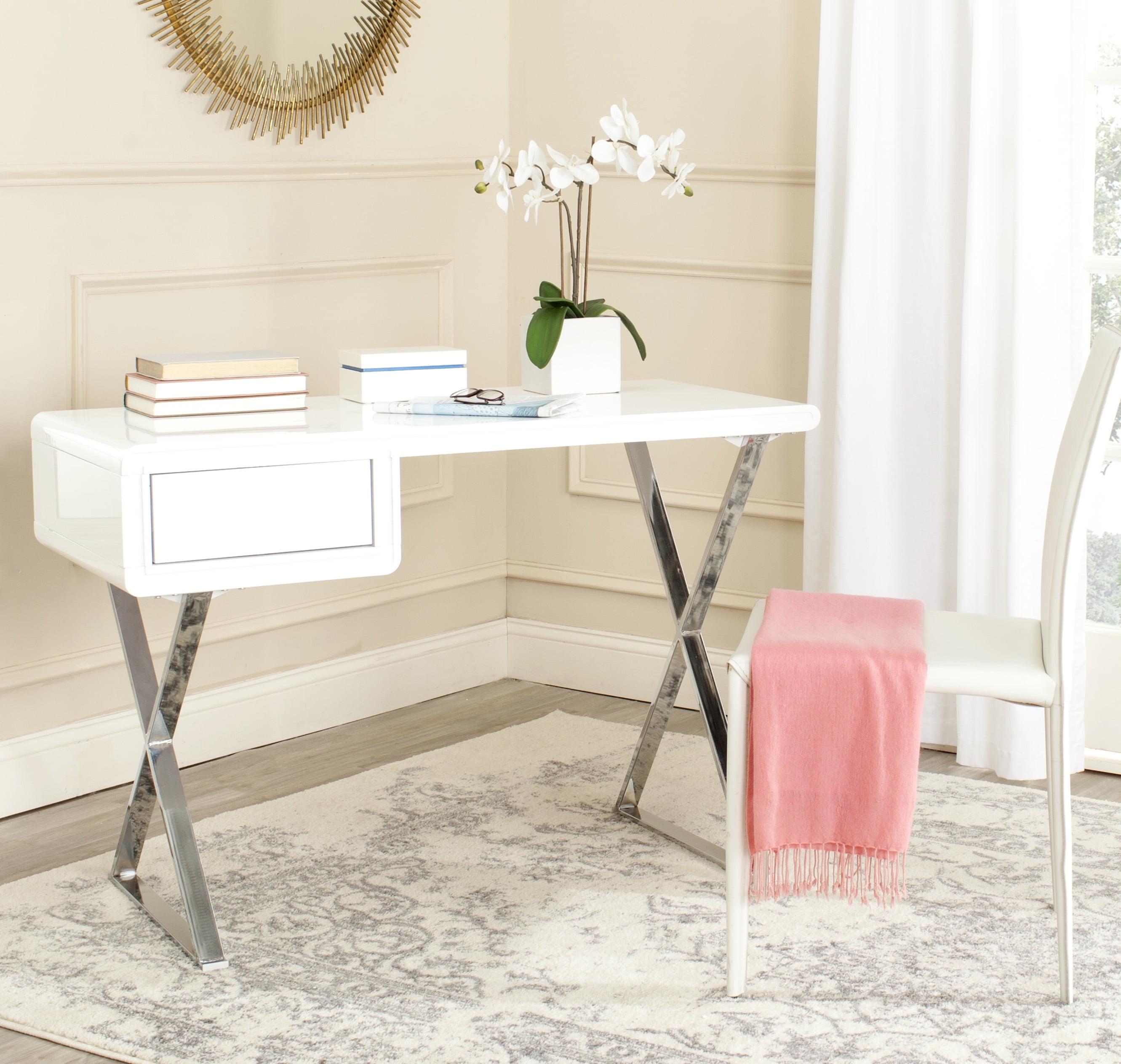 White and Silver Transitional Wood Home Office Desk with Drawer