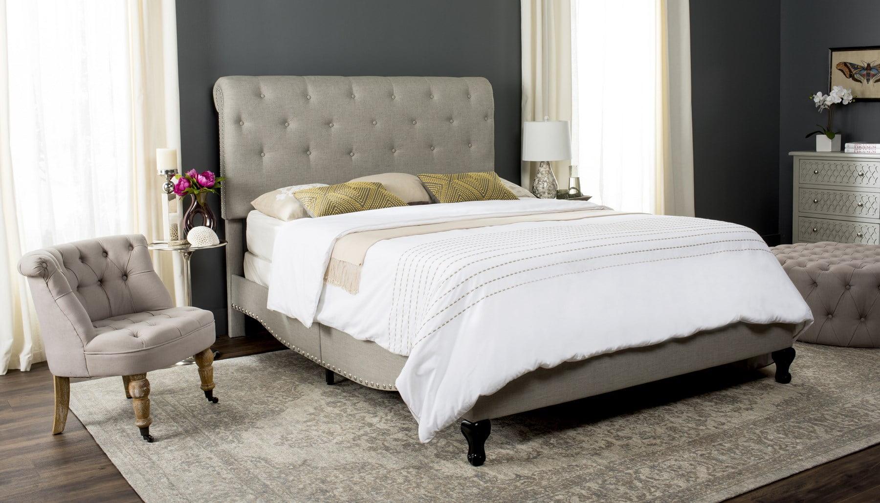 Transitional Beige Linen Full Platform Bed with Tufted Nailhead Headboard