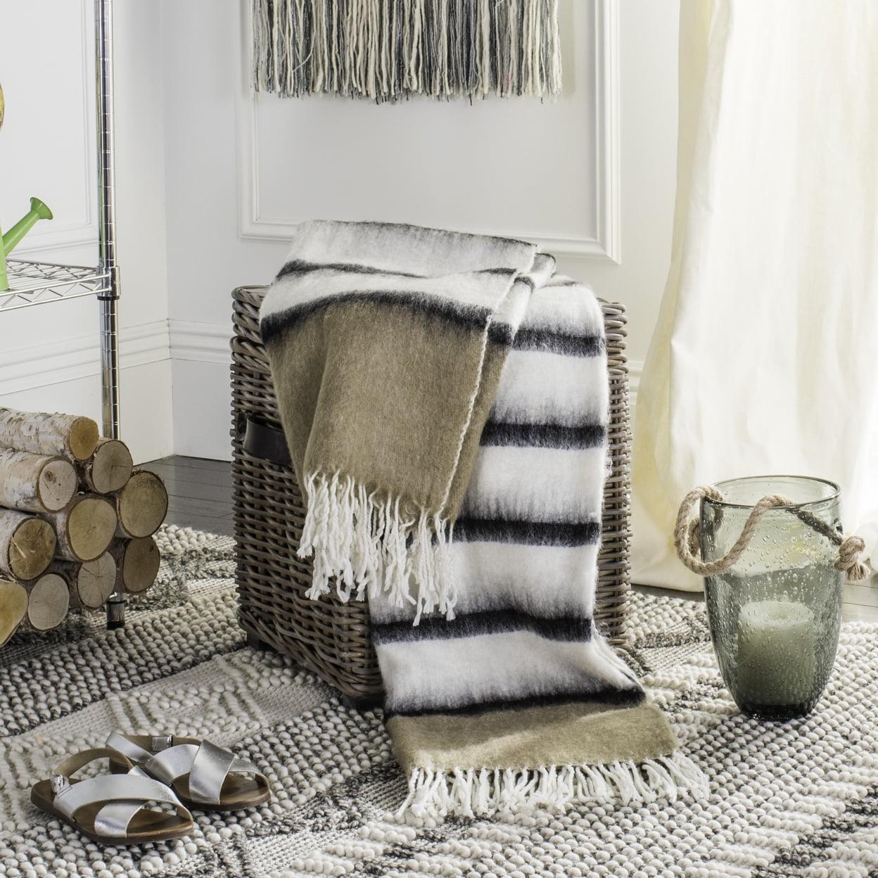 Brown and White Wool Striped Throw with Fringe