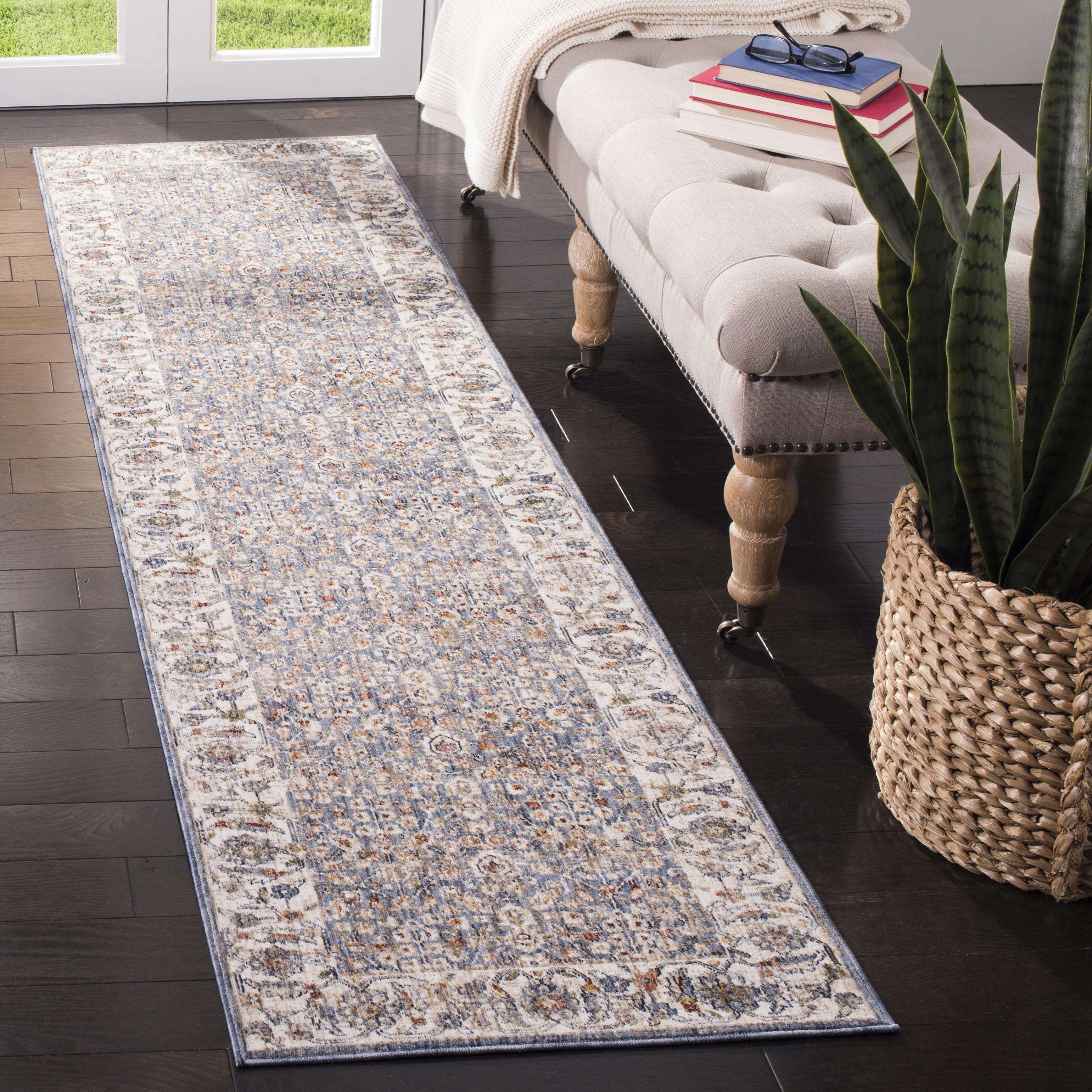 Ivory and Blue Vintage-Inspired Easy-Care Runner Rug - 26" x 7"