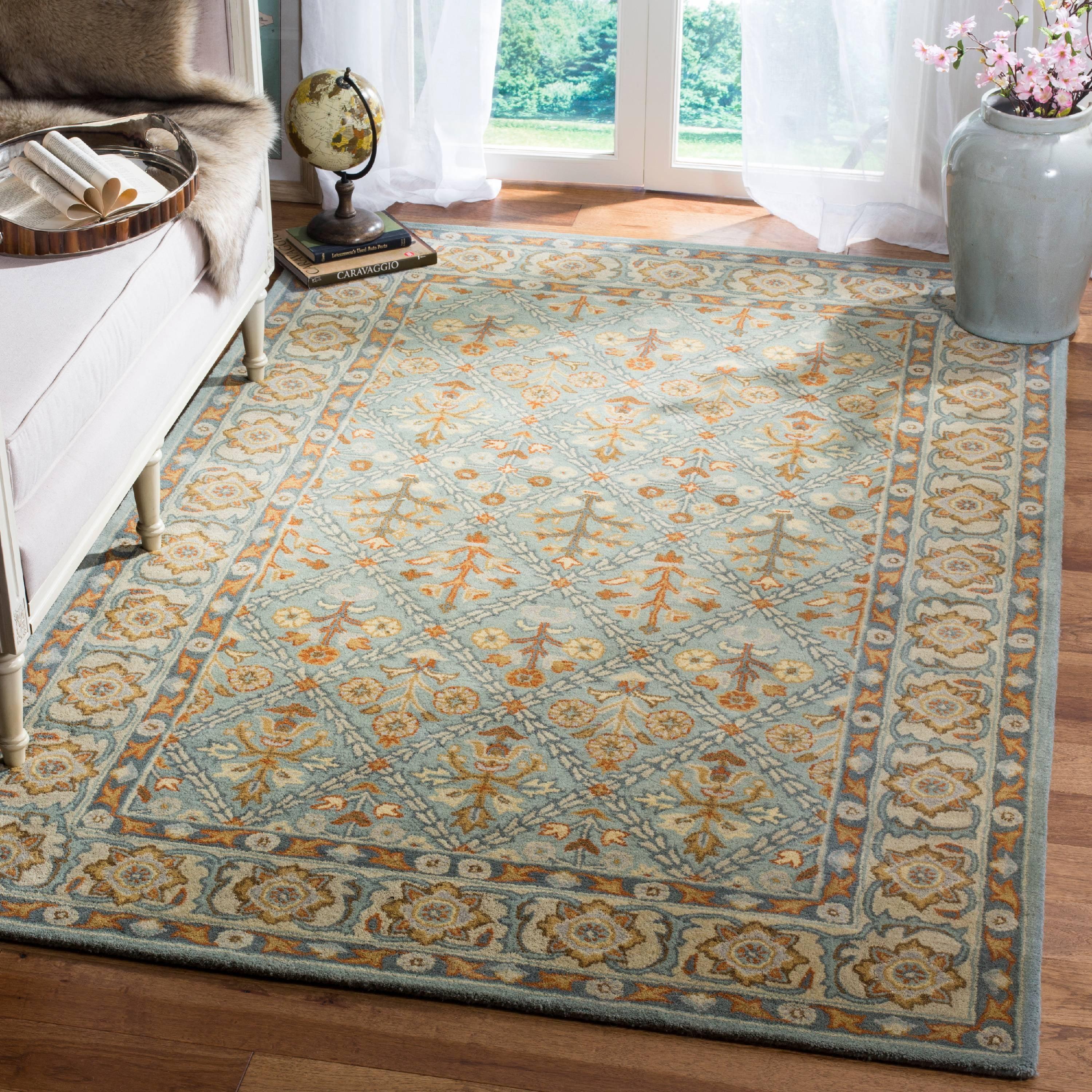 Elegant Cream and Blue Hand-tufted Wool Area Rug 6' x 9'