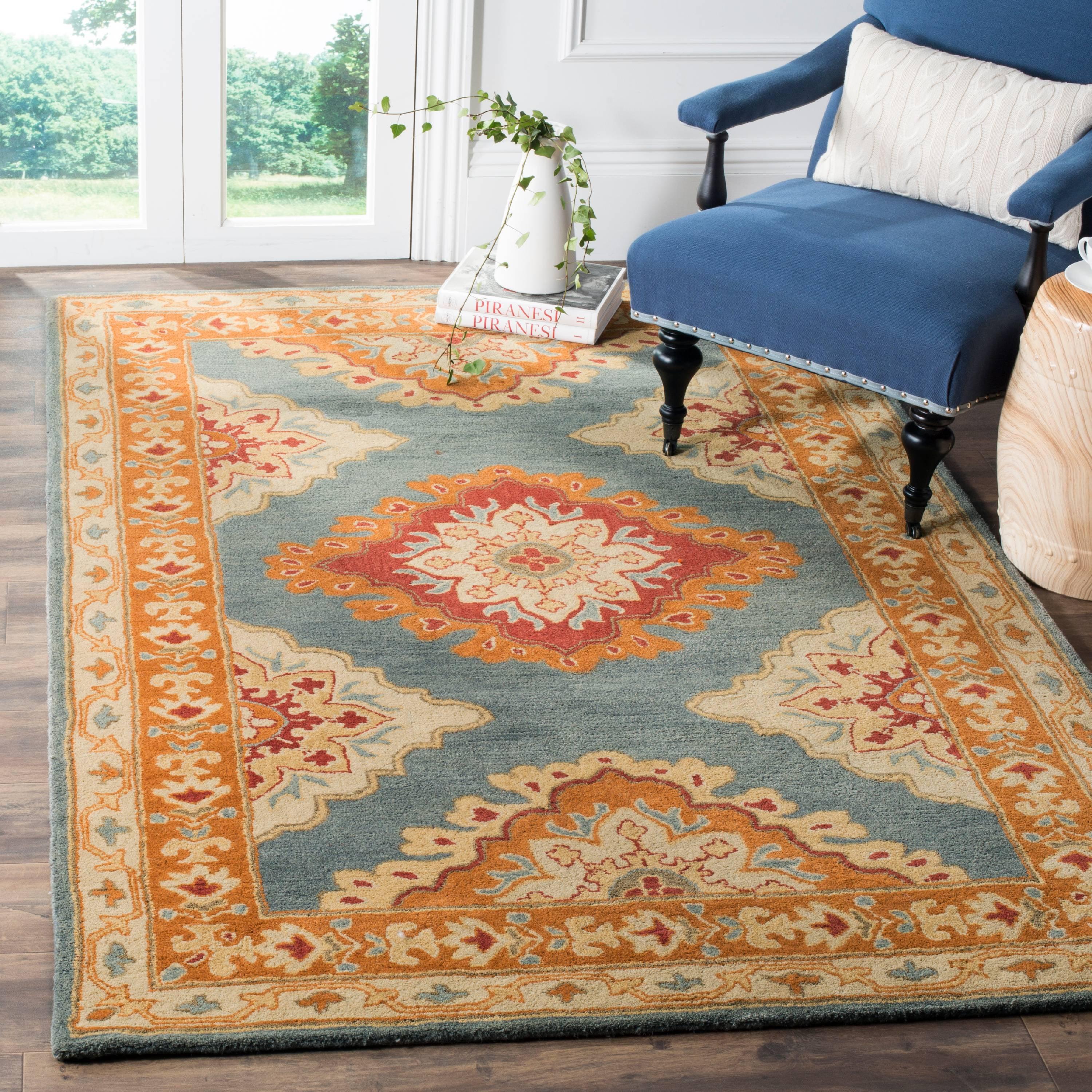 Elegant Heritage Blue Square Tufted Wool Area Rug 6'x6'