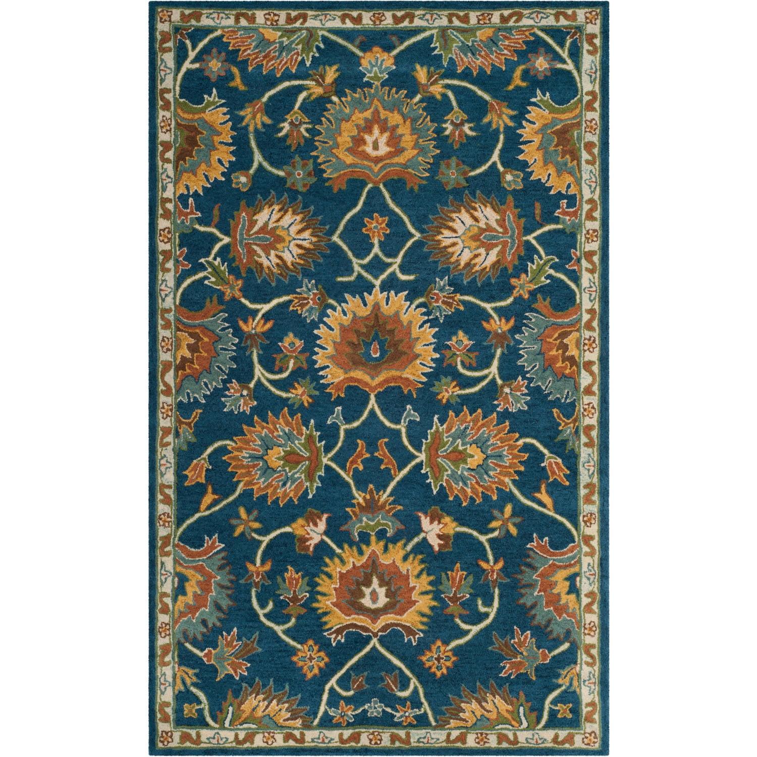 Navy Blue Hand-Tufted Wool Floral Area Rug 5' x 8'