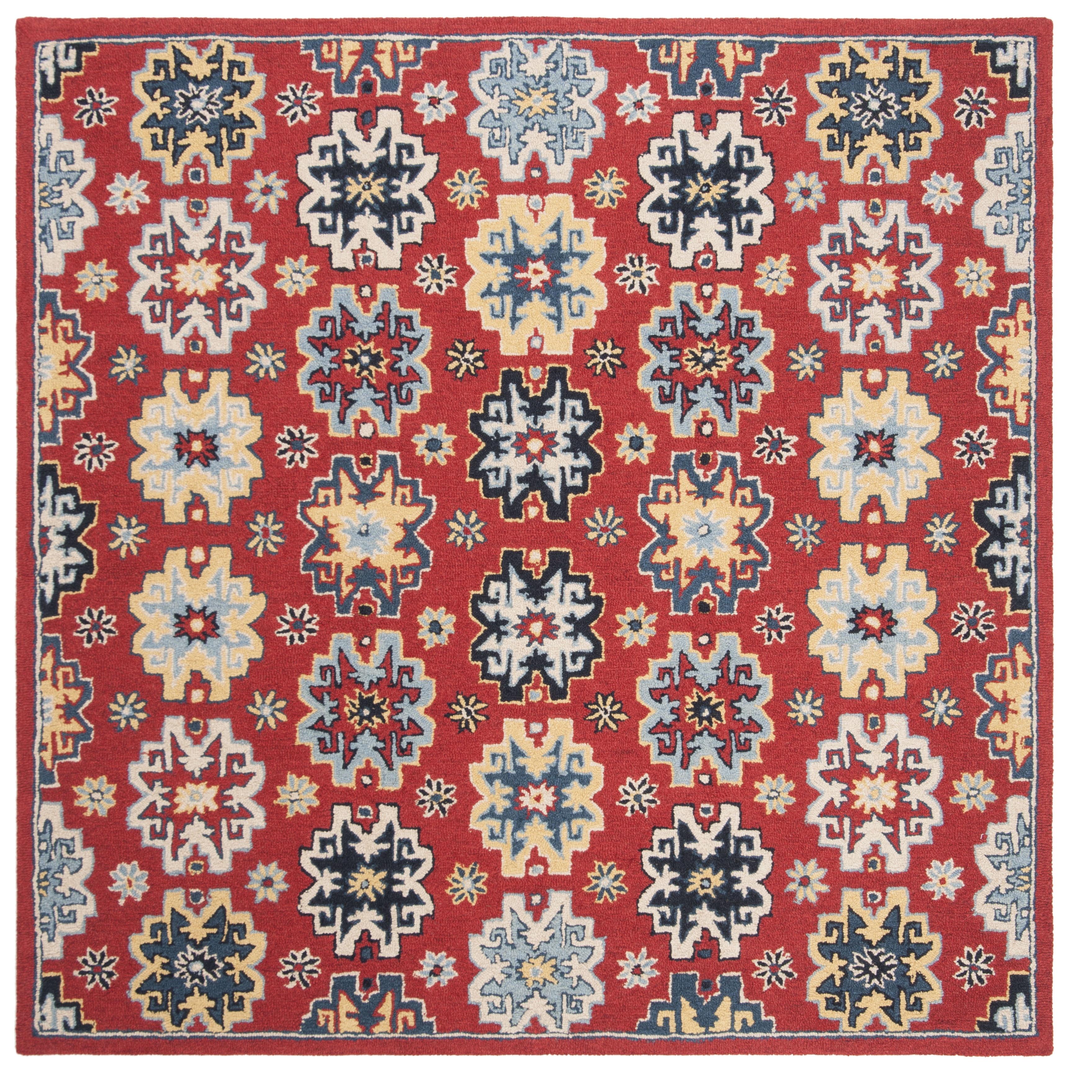 Red and Blue Handmade Wool Tufted Square Area Rug