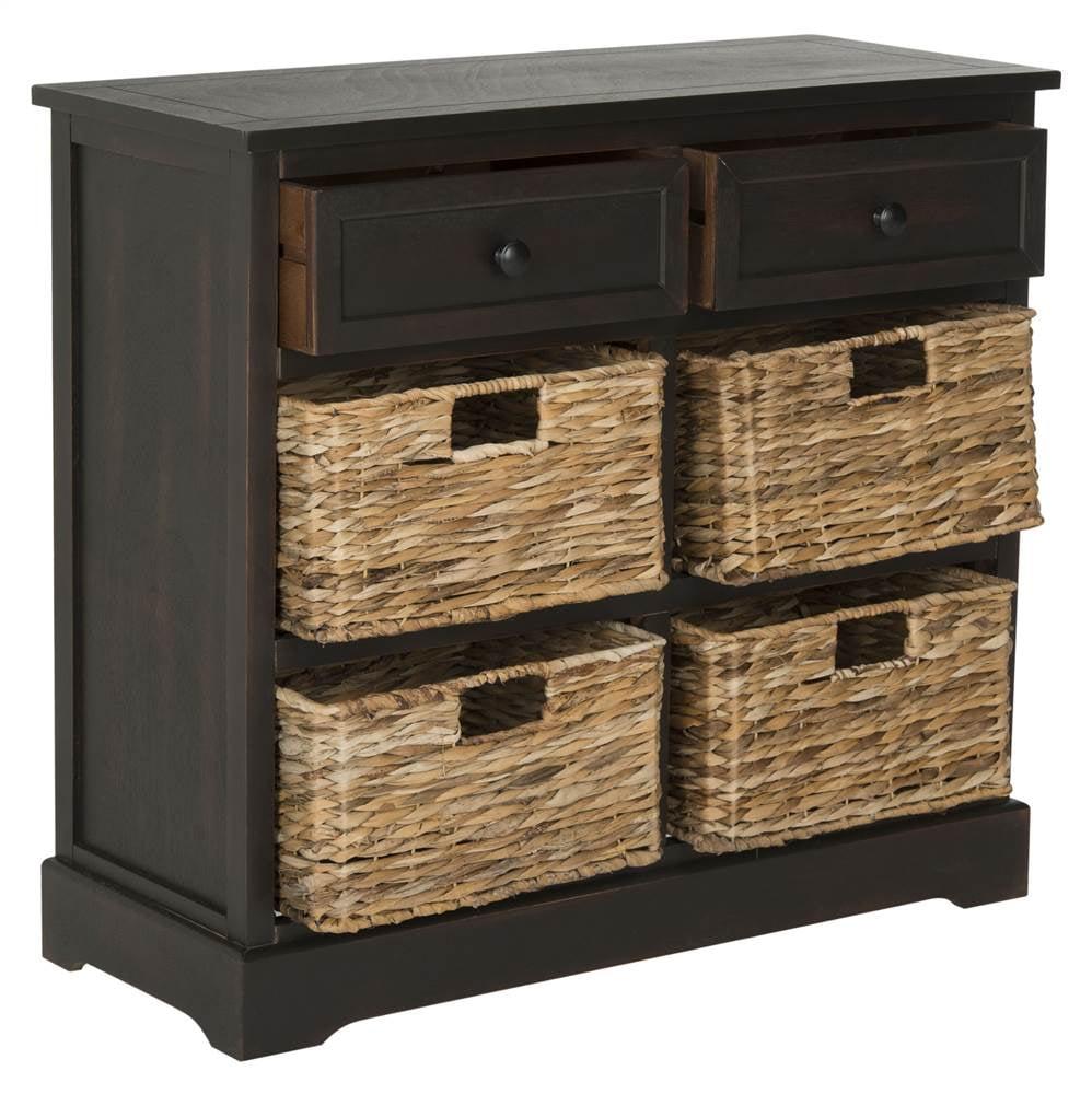 Transitional Pine Wood Storage Unit with 6 Wicker Baskets, Brown