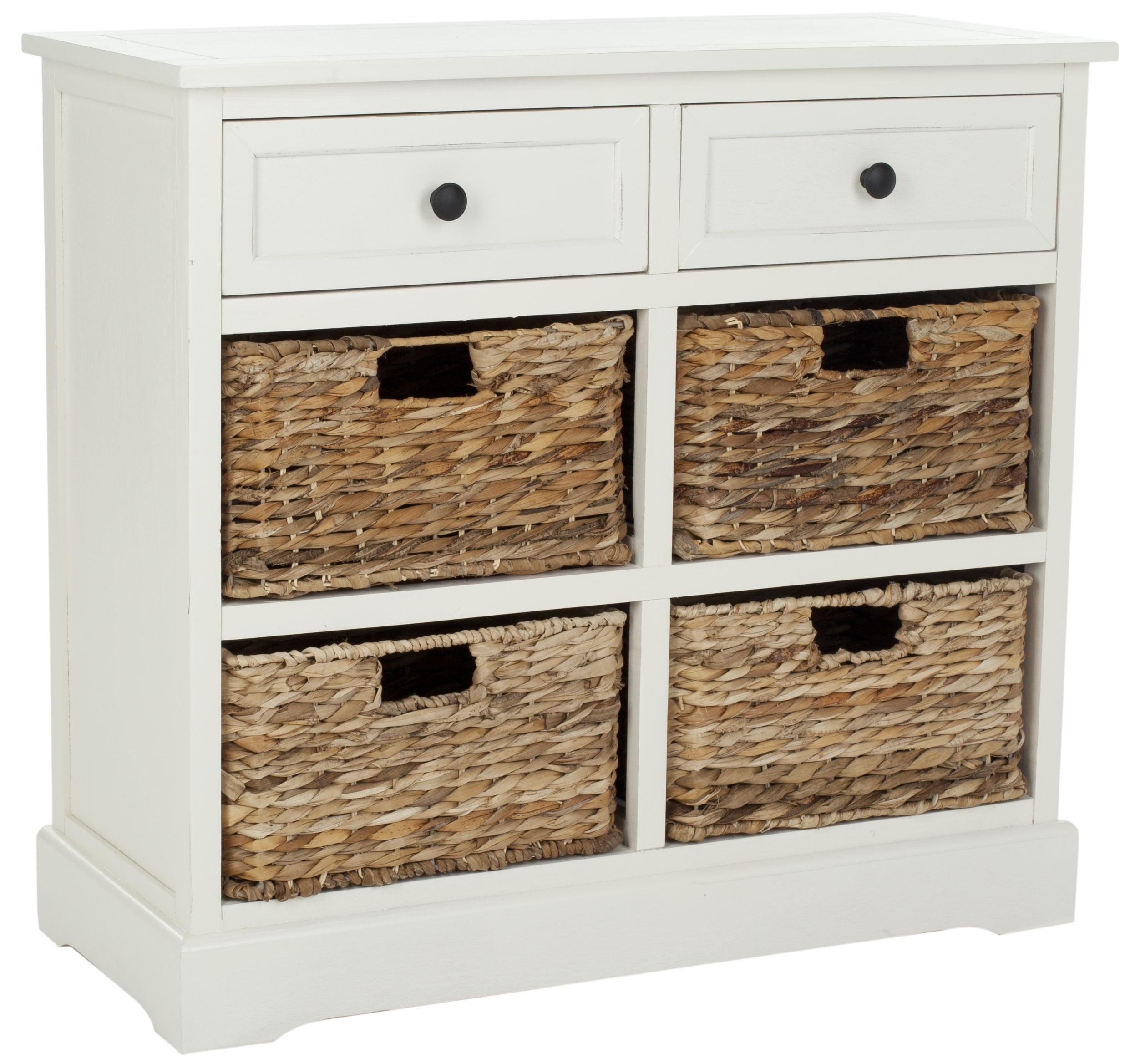 Distressed Cream Pine 6-Drawer Storage Unit with Wicker Baskets