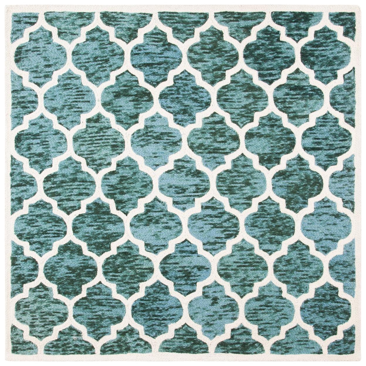 Hand-Knotted Turquoise/Ivory Wool Square Area Rug, 6' x 6'