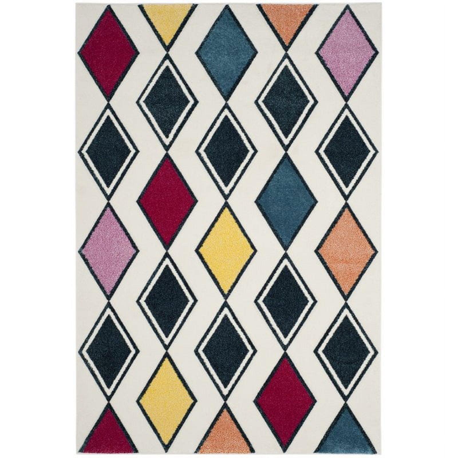 Ivory and Peacock Blue Geometric Rectangular Area Rug, 4' x 6'