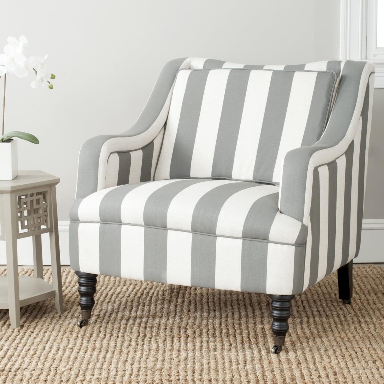 Contemporary Blue and White Striped Wood Accent Arm Chair