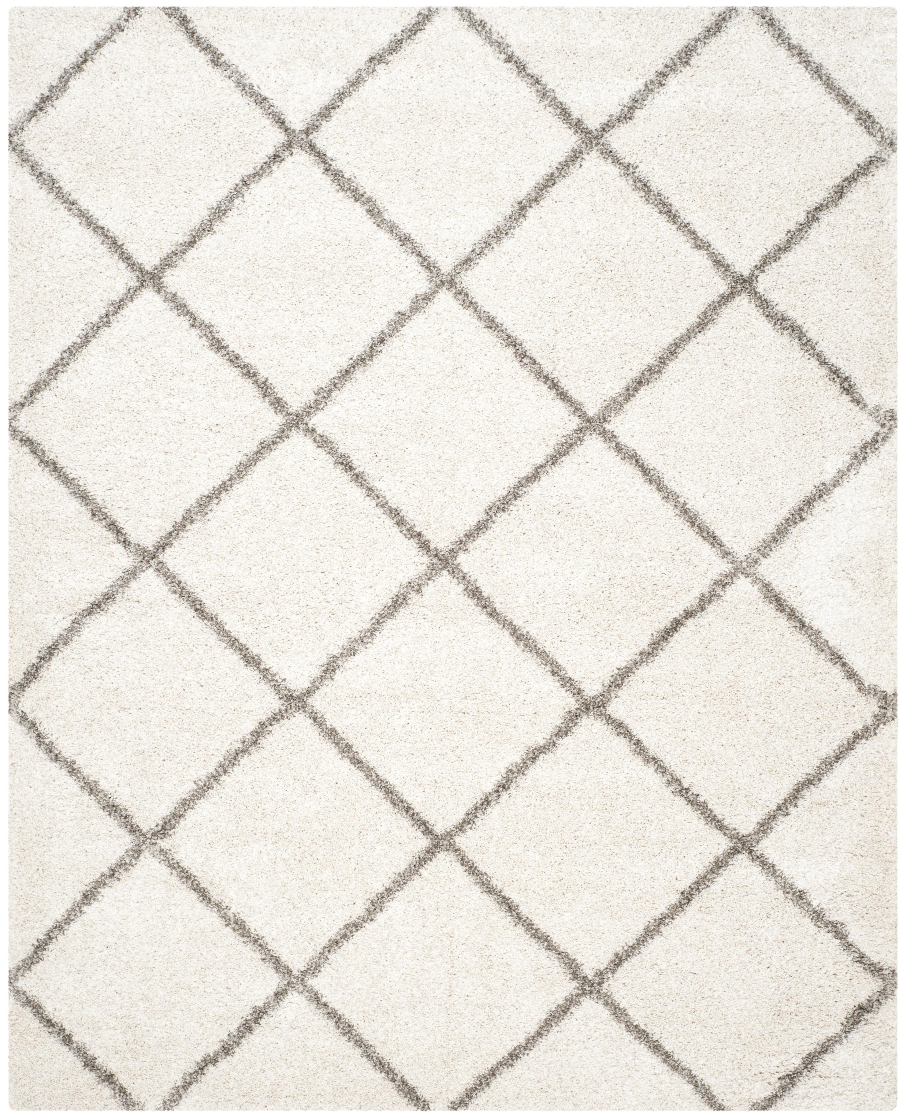 Ivory and Grey Diamond Shag 11' x 15' Hand-Knotted Area Rug