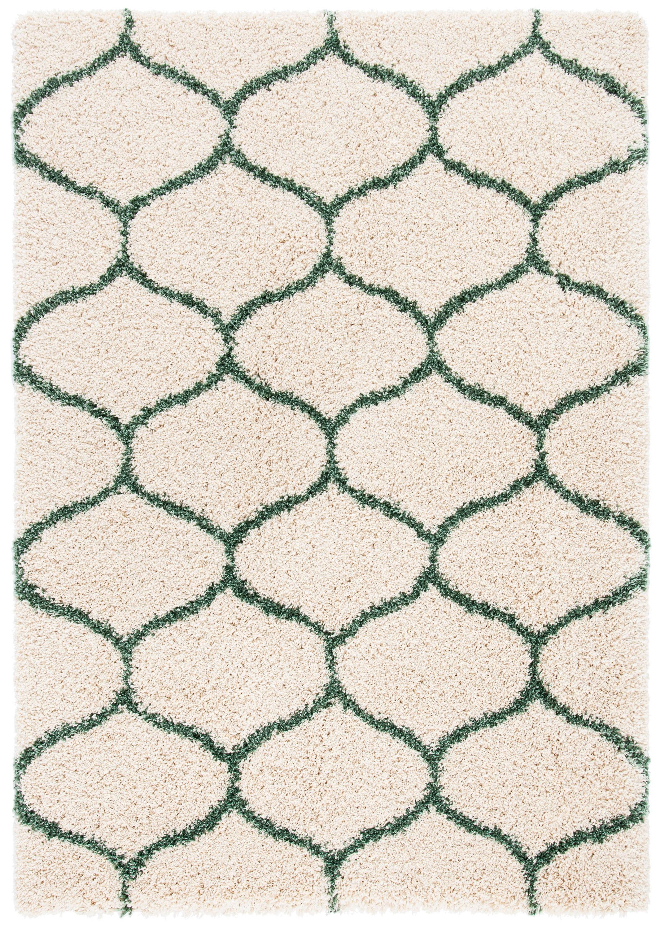 Ivory and Green Round Shag Rug with Geometric Pattern