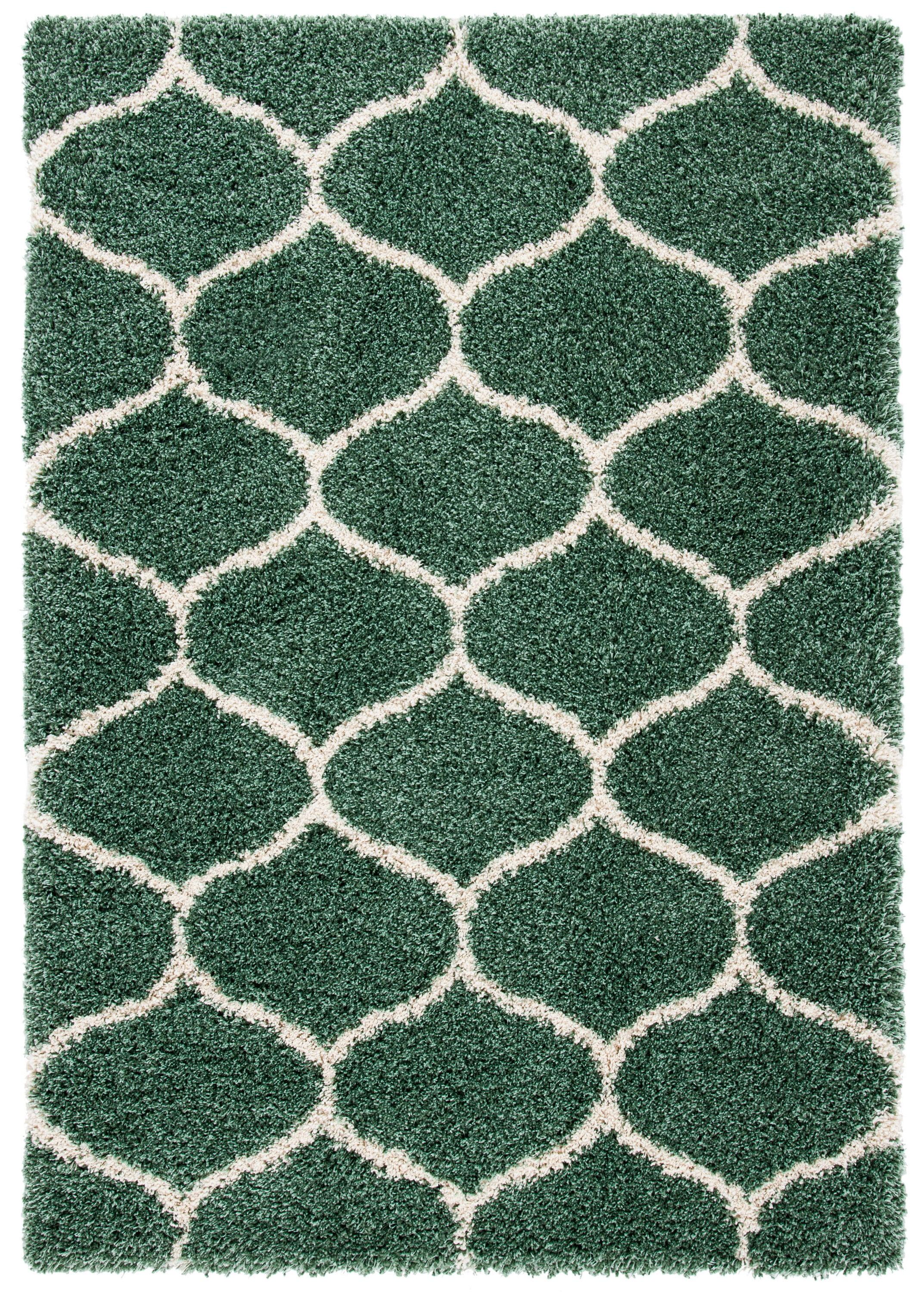 Light Green and Ivory Geometric Shag Area Rug, 5'3" x 7'6"