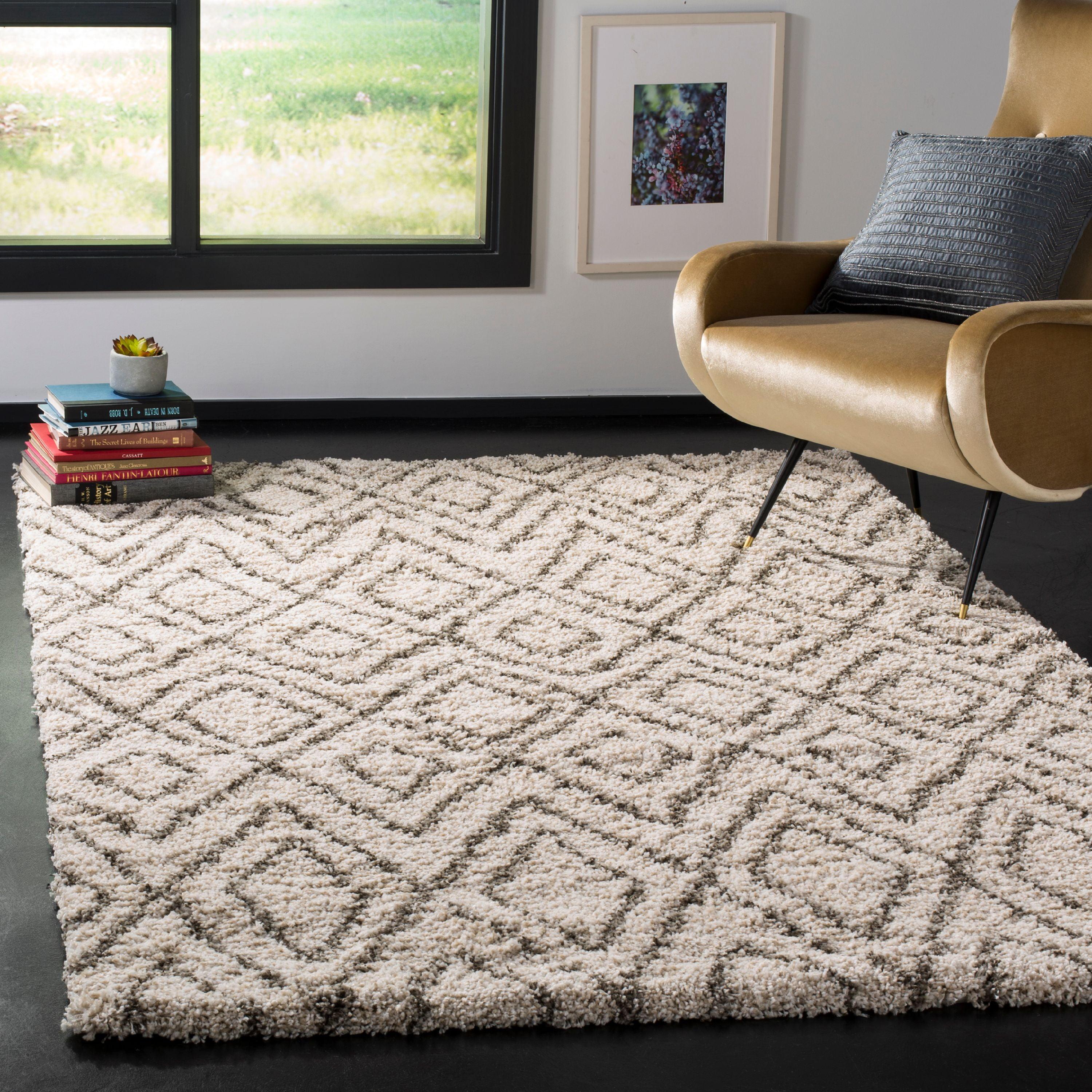 Ivory and Gray Geometric Shag Square Area Rug