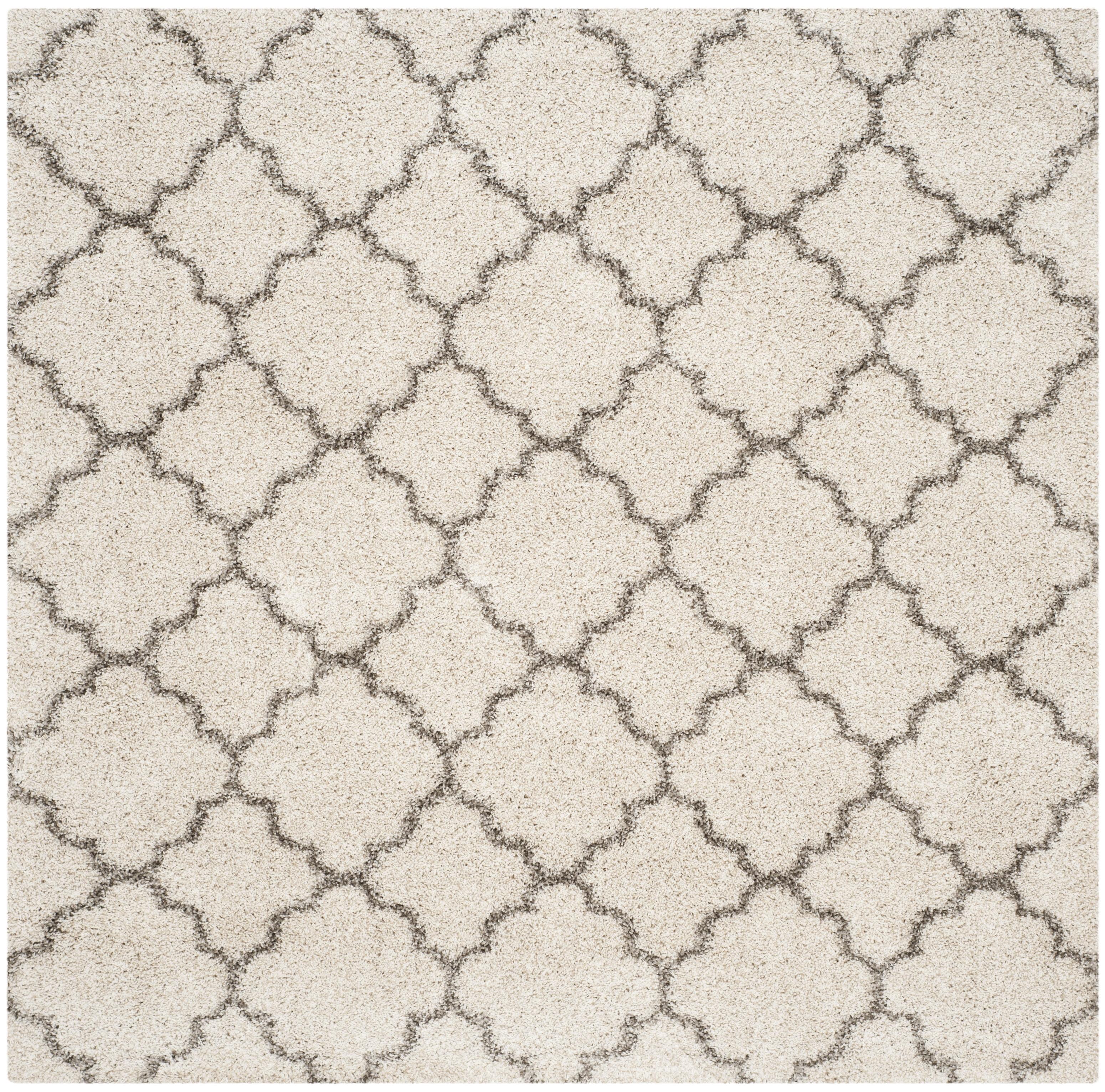 Ivory and Grey Square Trellis Shag Rug, Hand-Knotted, Easy Care