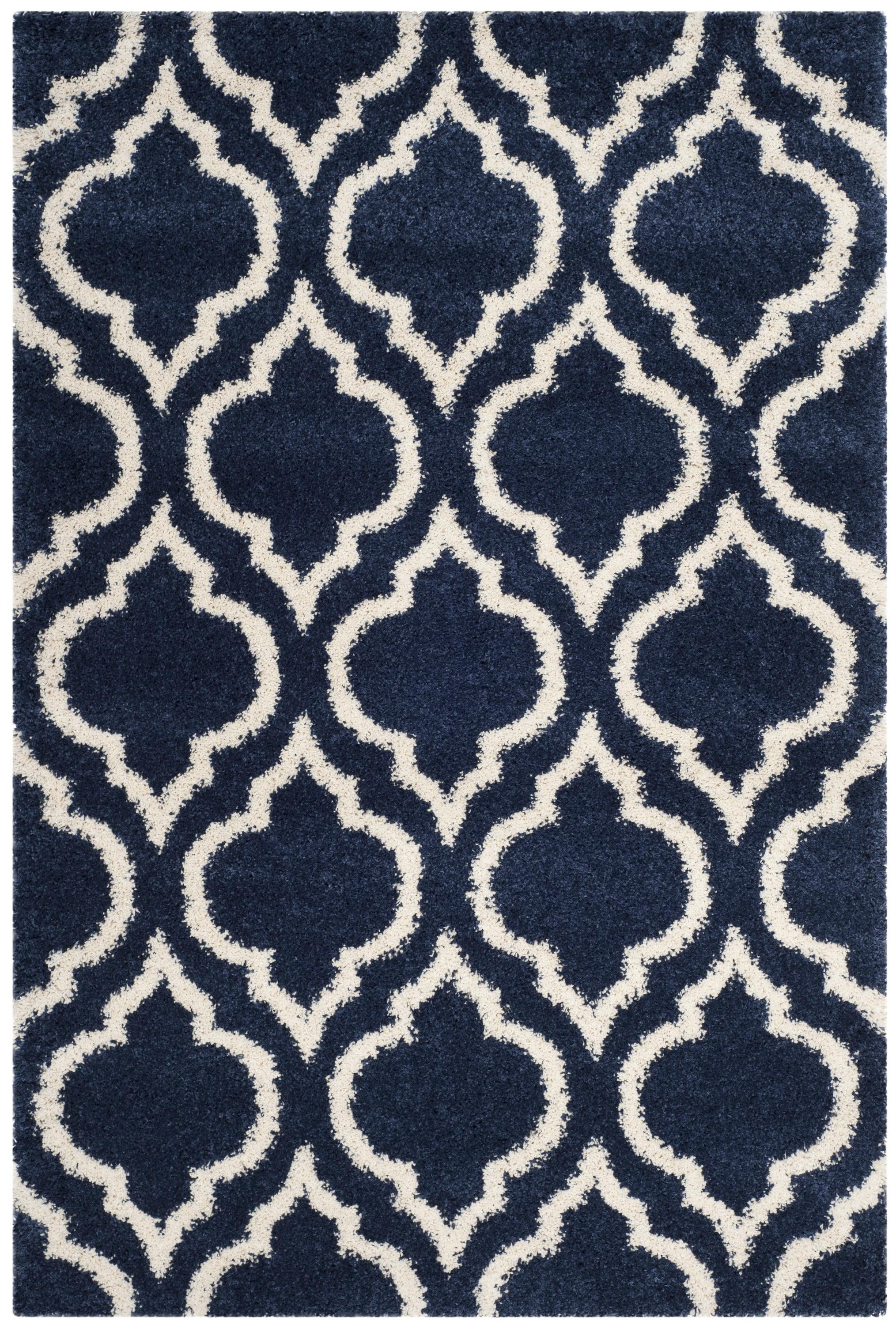 Navy and Ivory Round Synthetic Easy-Care Shag Rug